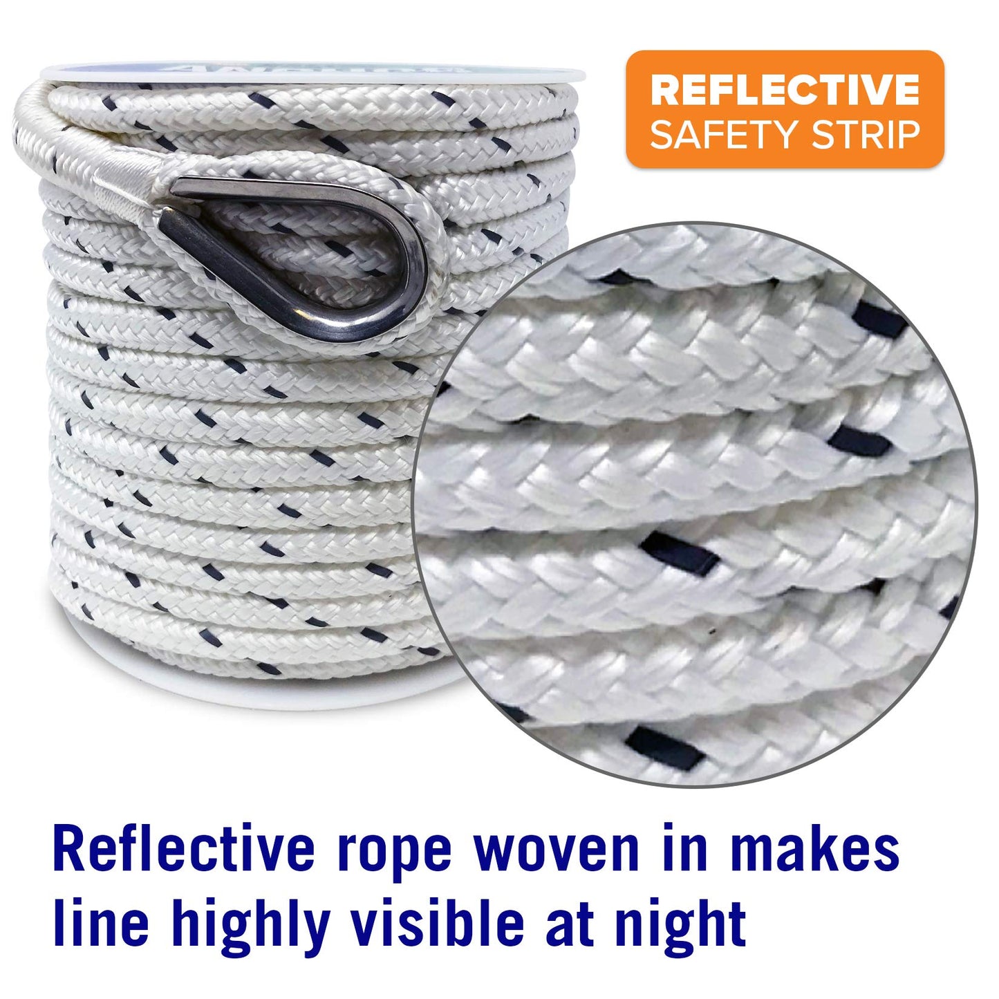 Better Boat Premium Anchor Rope, 100 Ft Double Braided White Nylon Marine Line, Reflective 3/8 Inch Reel for Anchors and Boats - White