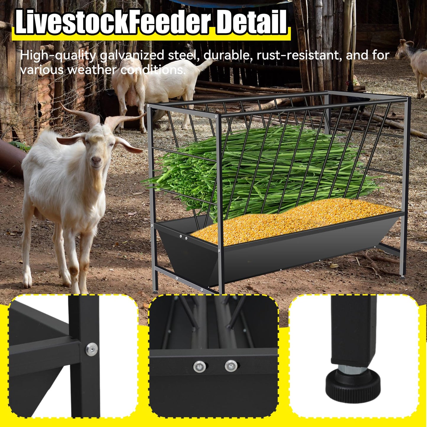 YXJSTO Pasture Hay Feeder 69 Gallon, Livestock 2 in 1 Hay and Grain Feeder, Heavy-Duty Galvanized Metal Goat Feeder with 2 Trays, Pasture Feeder for Goat, Sheep, Foal, Sheep