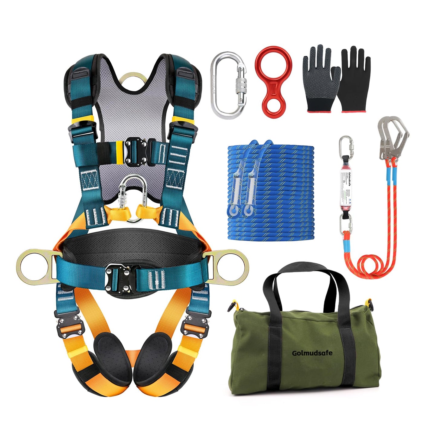 Golmudsafe Fall Protection Harness,Safety Harness Fall Protection for Construction/Roofing/Electrical Work,Upgrade Detachable Cushion bag&extra 30FT Rope