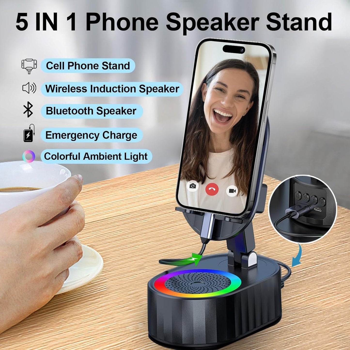 AKLLCCR 5in1 (3000mAh) 300 Wireless Induction Audio Bluetooth Speaker Phone Holder Emergency Rechargeable with Colorful