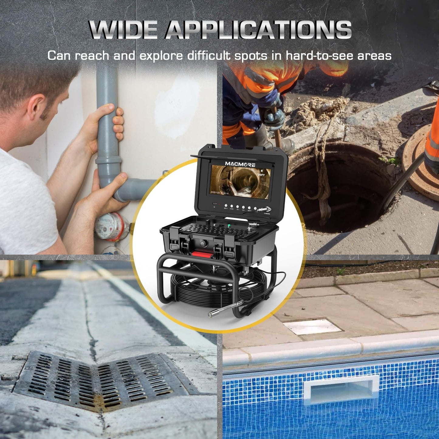 Sewer Camera Self Leveling, 7MM Thicker Pushrod, Keyboard, Distance Counter, 10.1'' Large HD Monitor, Sewer Inspection Camera IP68 with DVR & SD Card Industrial Borescope Snake (164Ft, with Locator)