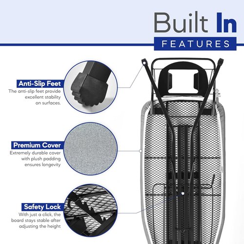 BKTD Extra-Wide Ironing Board - 48" x 18" Large Surface with Built-In Clothes Rack & Adjustable Height - Black Grey