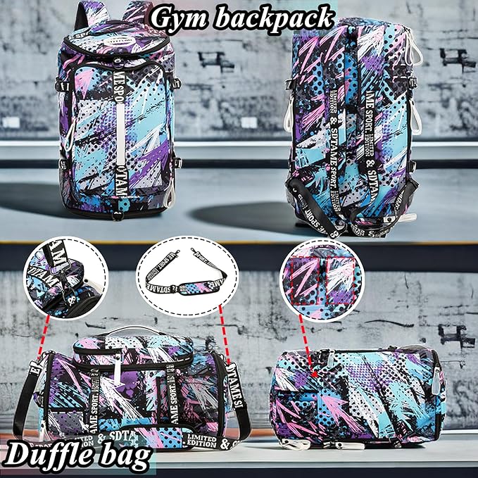 Gym Duffle Bag Backpack with Shoe Compartment,4 ways Travel Backpack for Women and Men,Multi-Functional Weekender bag with Waterproof Layer&Laptop Compartment for Fitness, Travel,Camping