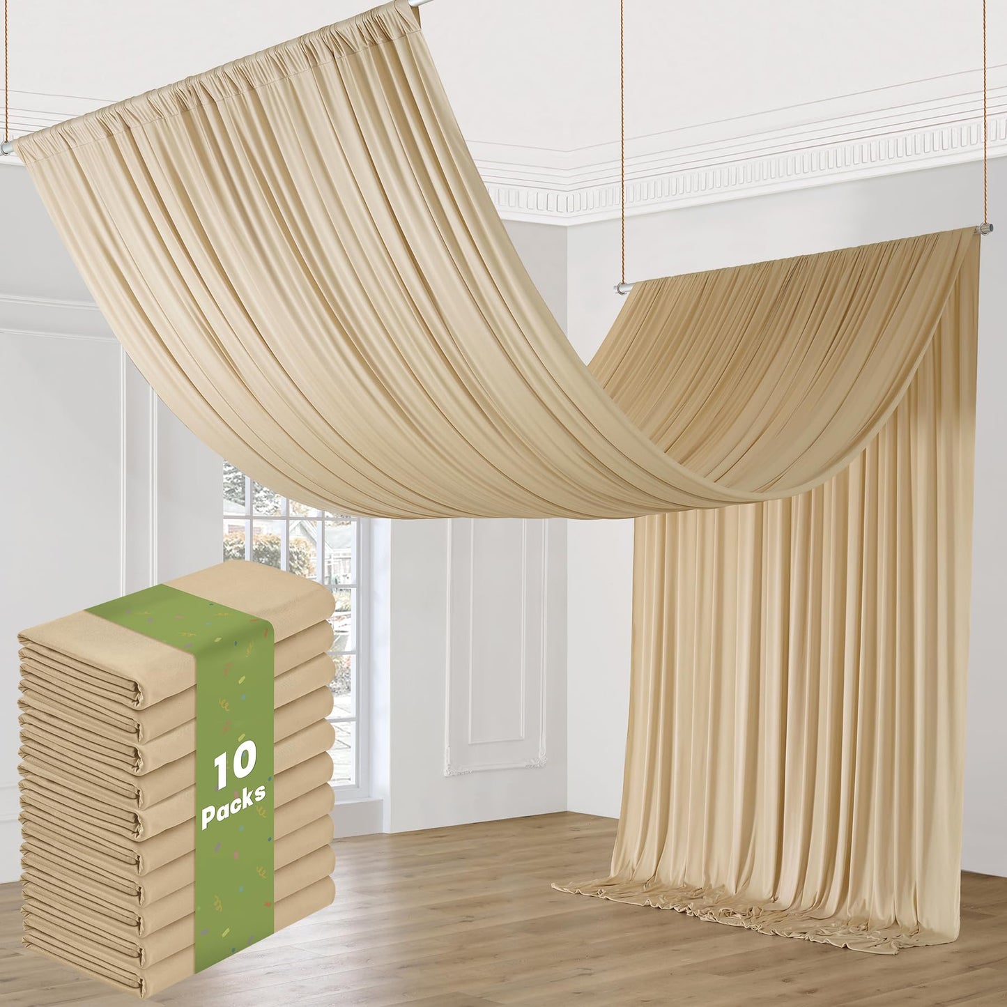 Htper 10 Panels 5x20ft Beige Ceiling Drapes for Wedding Parties, Wrinkle Free Thick Polyester 20ft Extra Long Wedding Draping Beige Ceiling Curtains Arch Drapery for Birthday Party Canopy Tent Decor