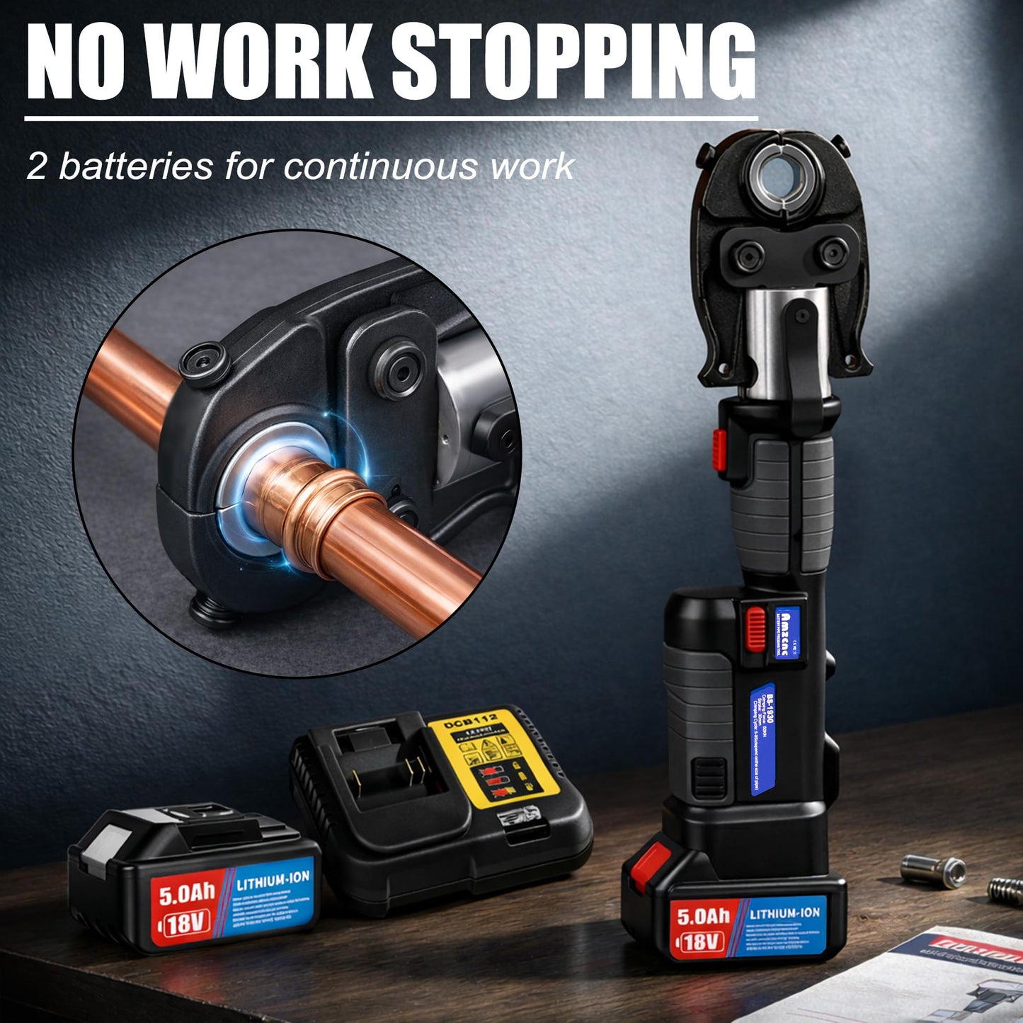 AMZCNC 18V Pro Press Tool for Copper & PEX Pipes Cordless Plumbing Press Tool Kit w/ 1/2”, 3/4”, 1” Copper & 3/8”–1” ASTM F1807 PEX Dies | F877 Stainless Sleeves | For Professional Plumbers
