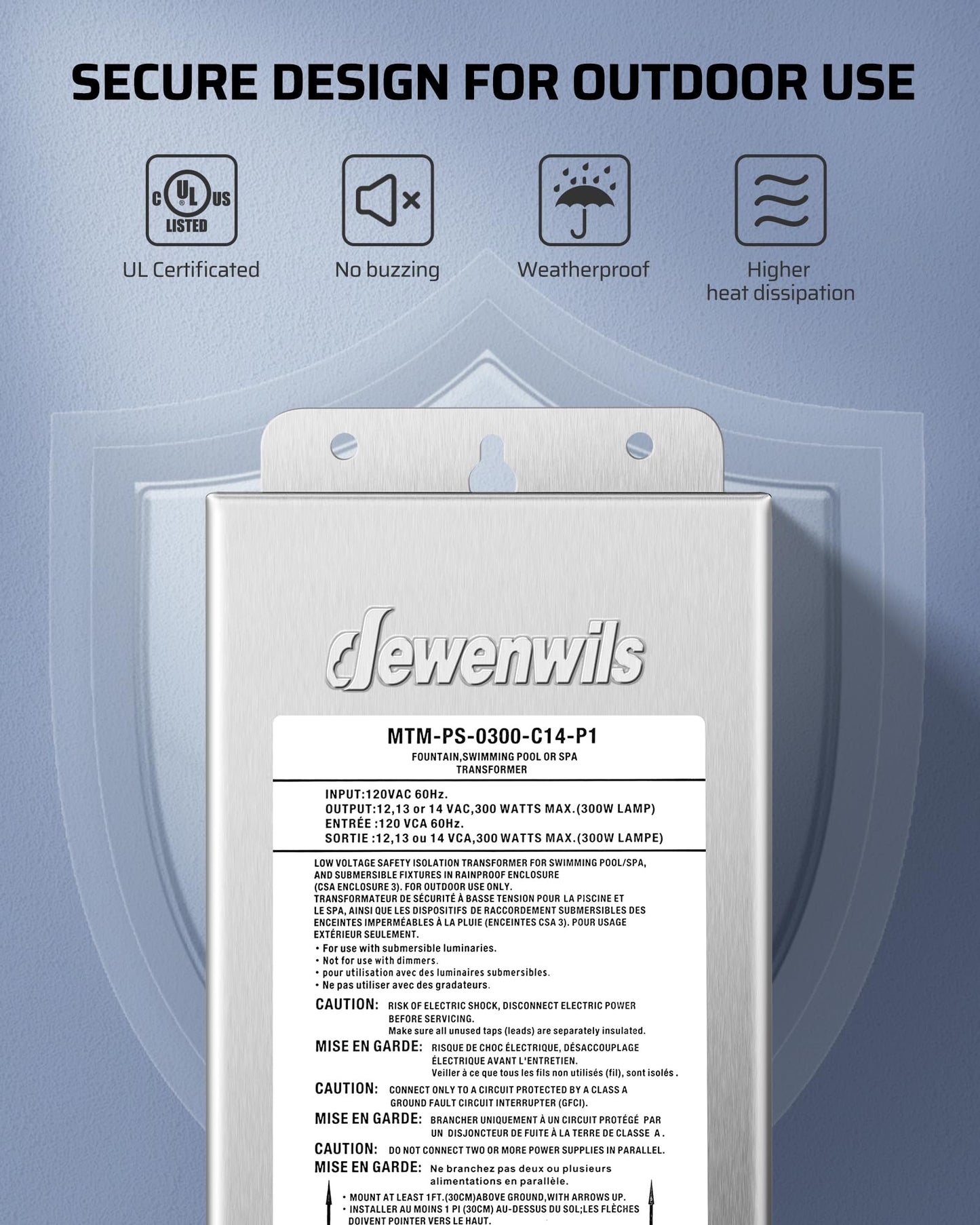 DEWENWILS Low Voltage Pool Light Transformer, 120V AC to 12V/13V/14V AC, Multi-tap Safety Transformer