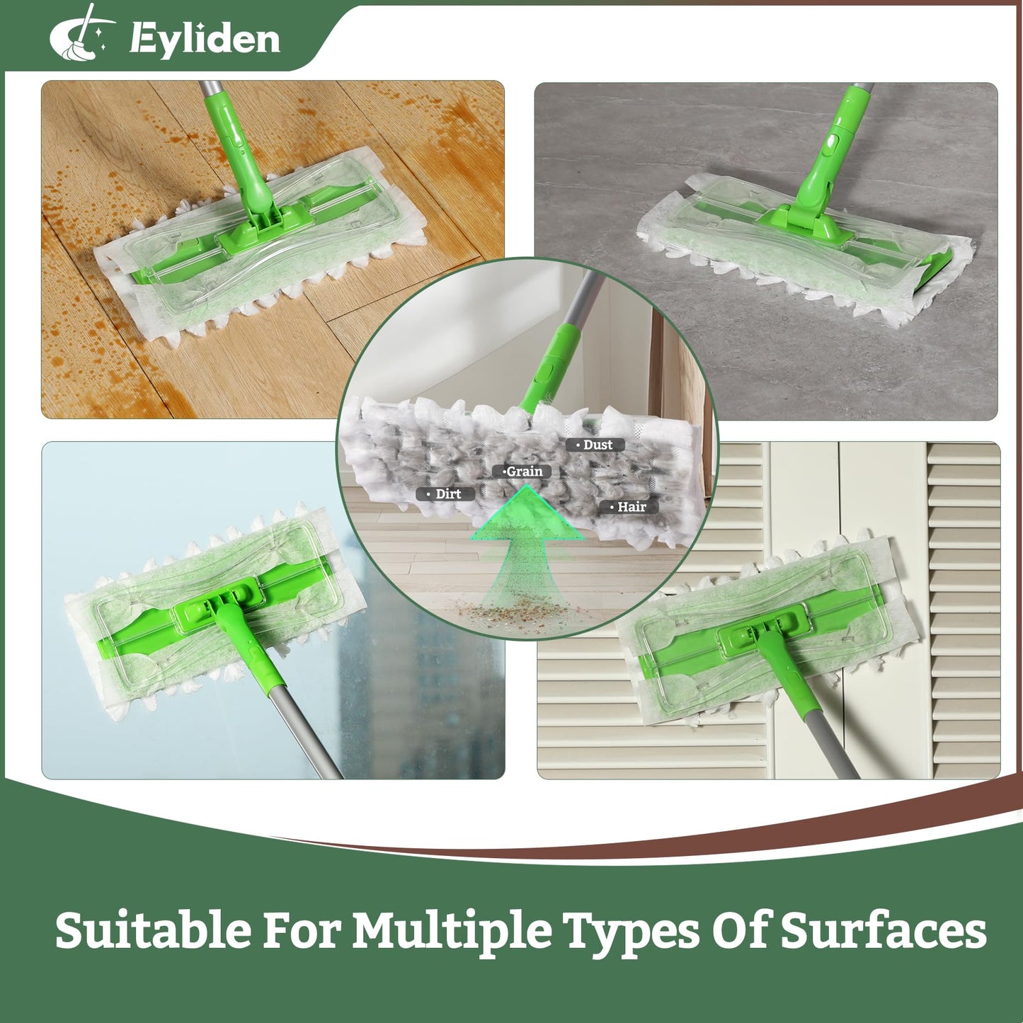 Eyliden Sweeper Mop with 36 Refills - 3 Types of Disposable Dry & Wet Cloths | Lock-Tight Design No Lost Pads, Universal Refills, Multi-Surface Sweeping Starter Kit for Pet Hair, Dust, Floor Cleaning