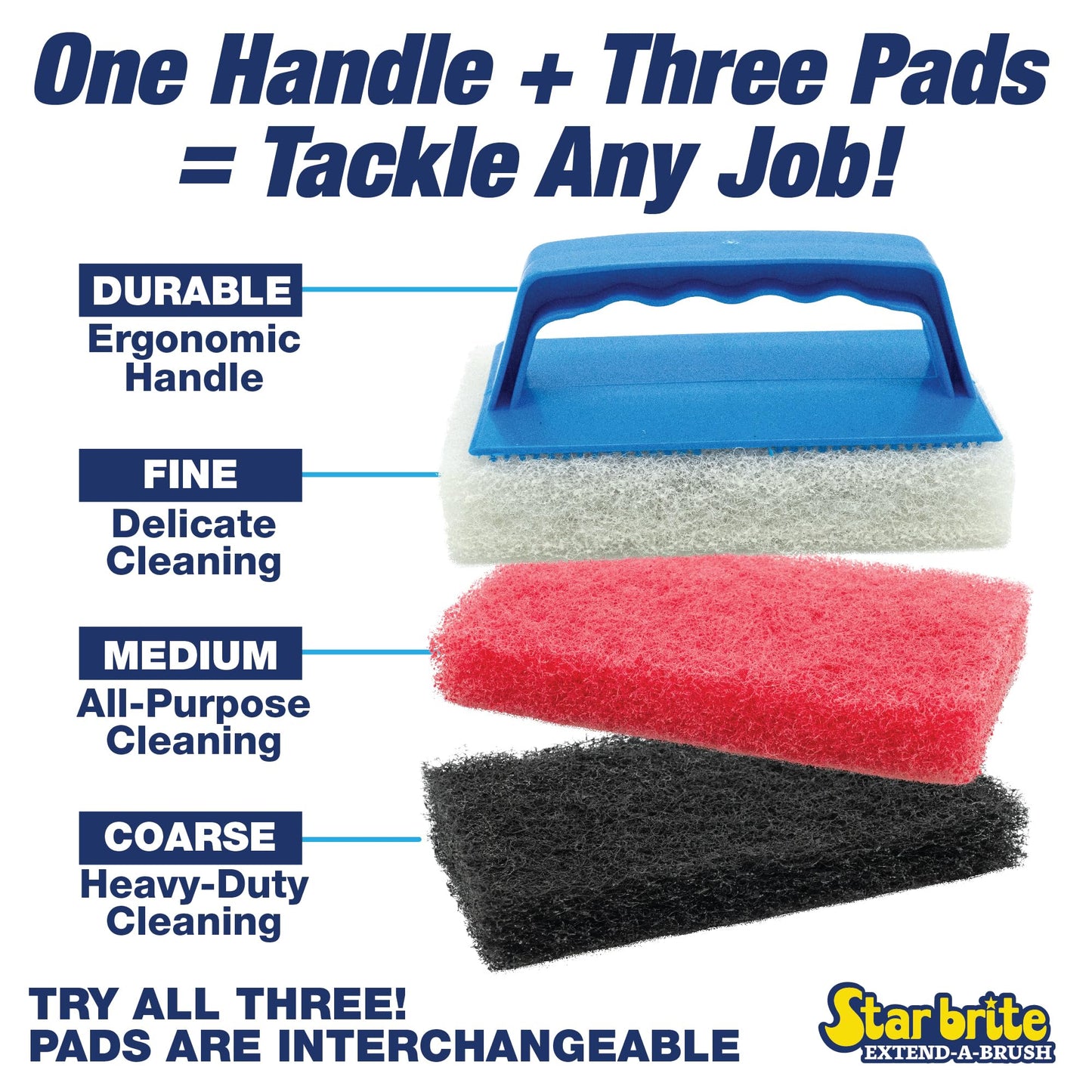 STAR BRITE Medium Red Scrub Pad with Interchangeable Handle - Versatile Cleaning for Most Tasks Including Aluminum Restoration, Teak & Fine Wood Cleaning (Red) Medium (040130)
