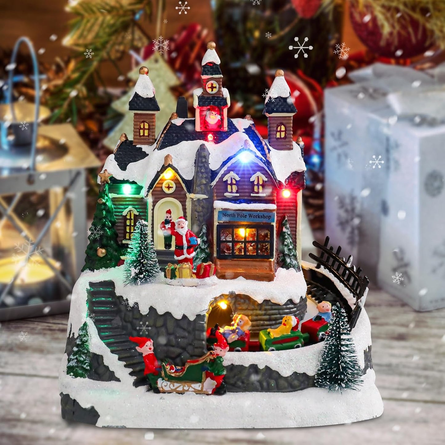 Wonder Garden Christmas Village Houses - Colorful Musical Snow Village Figurine with LED Lights & Train