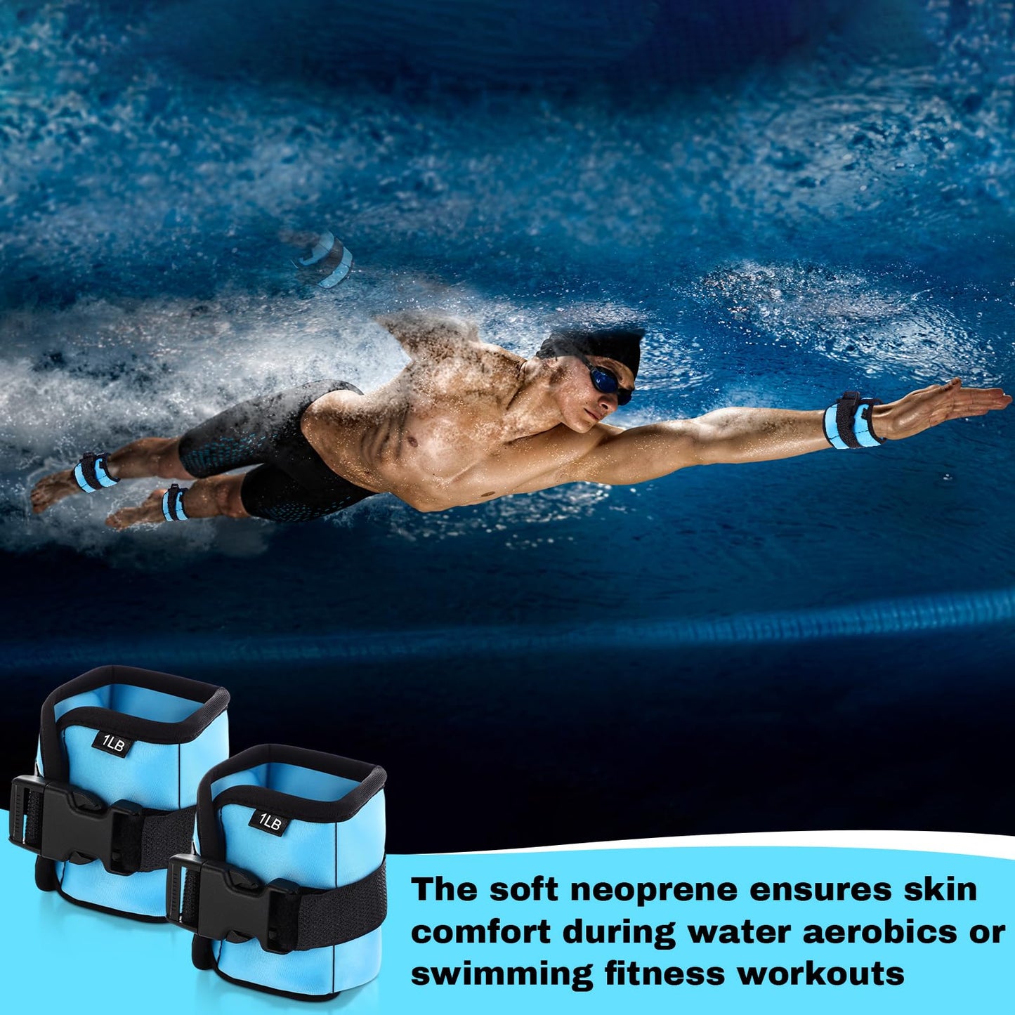 Hollowfly 2 Pairs Ankle Wrist Weights for Land or Aquatic Exercise Aqua Cuffs Aqua Aerobics Fitness Bands for Ankle and Wrist Adjustable Weights for Swimming Pool Workout Equipment(Blue,1lb)