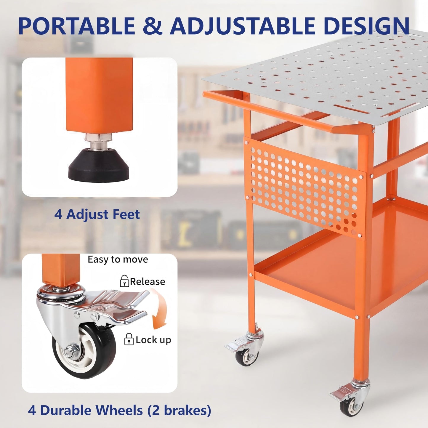 800LBS Welding Table, 36"x24" Portable Welding Workbench with 2 Brake Wheels & 4 Feet, Heavy Duty Steel Frame, Side Pegboard, Hooks and Tool Tray, for Garage Workshop, Orange