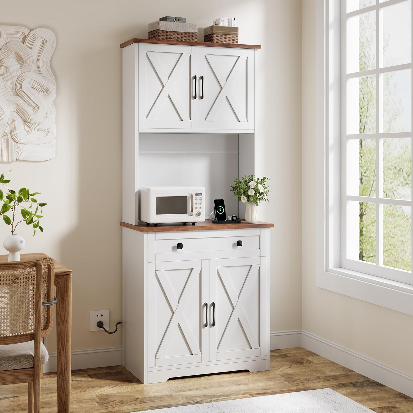 Garvee 71" Pantry Cabinet with Charging Station, Tall Kitchen Pantry Storage Cabinet with Microwave Stand, Large Farmhouse Kitchen Hutch with Cabinet Doors & Drawer for Living Room, Dining Room