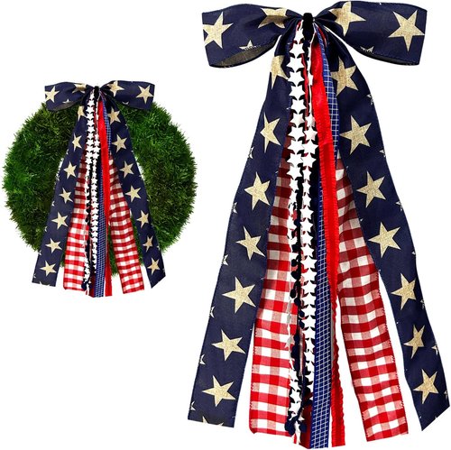 Large Patriotic Star Ribbon Bow - Red White Buffalo Plaid Fabric Ribbons Set for 4th of July Decor