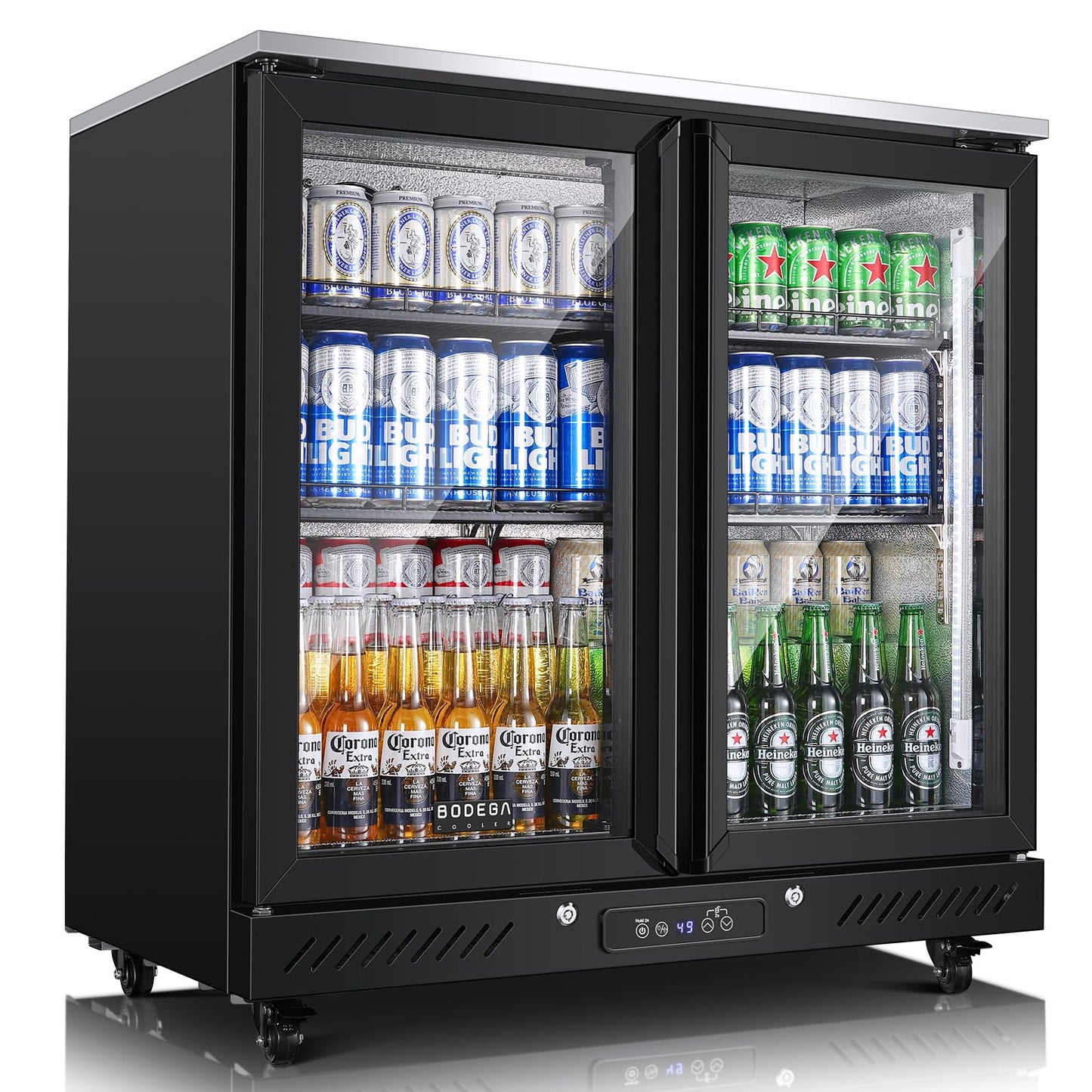 BODEGACOOLER Back Bar Cooler with 2 Glass Doors,7.7 Cu.ft Commercial Bar Beverage Refrigerator Under Counter LED Lighting for Soda Drinks,Beer,Wine with Stainless Steel Top,DOE Approved,4 Casters
