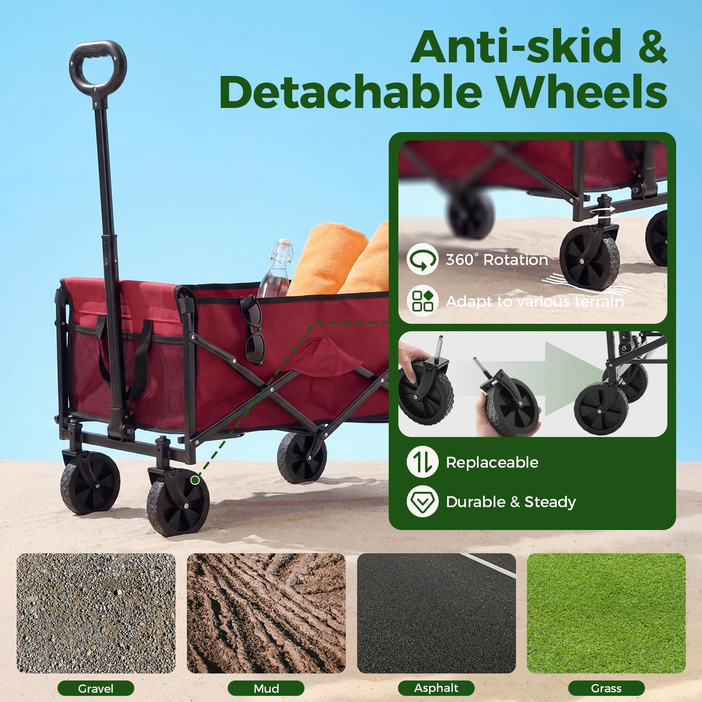 DUMOS Collapsible Wagon Cart, Heavy Duty Foldable Utility Wagon with Wheels – 220 lbs Capacity, Flexible Handle for Beach, Garden, Sports, Grocery & Camping, Red
