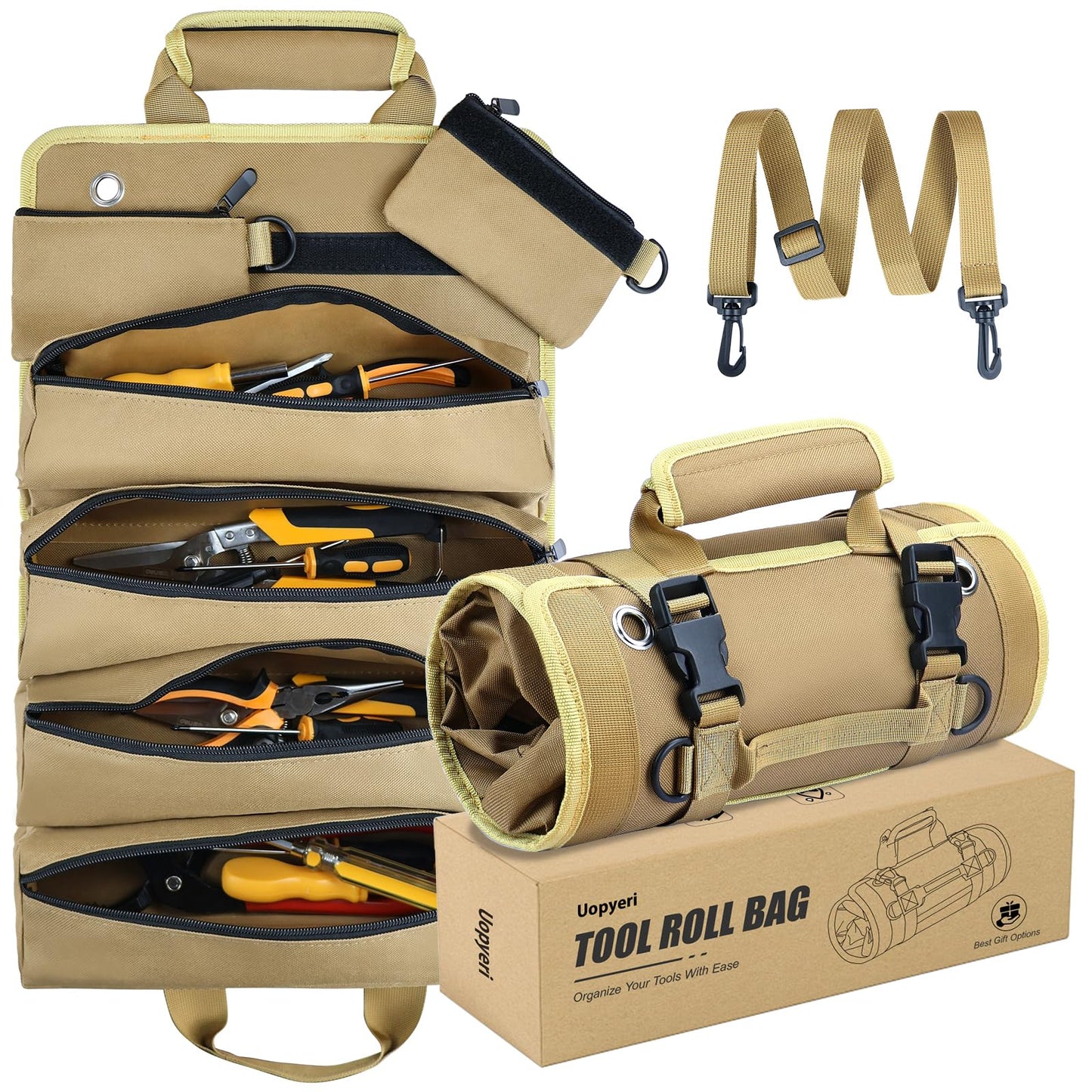 Roll Up Tool Bag, Heavy Duty Tool Organizer with 2 Detachable Pouches, Durable Tool Storage for Men, Women, Husband, Handyman, RV Owners, Khaki