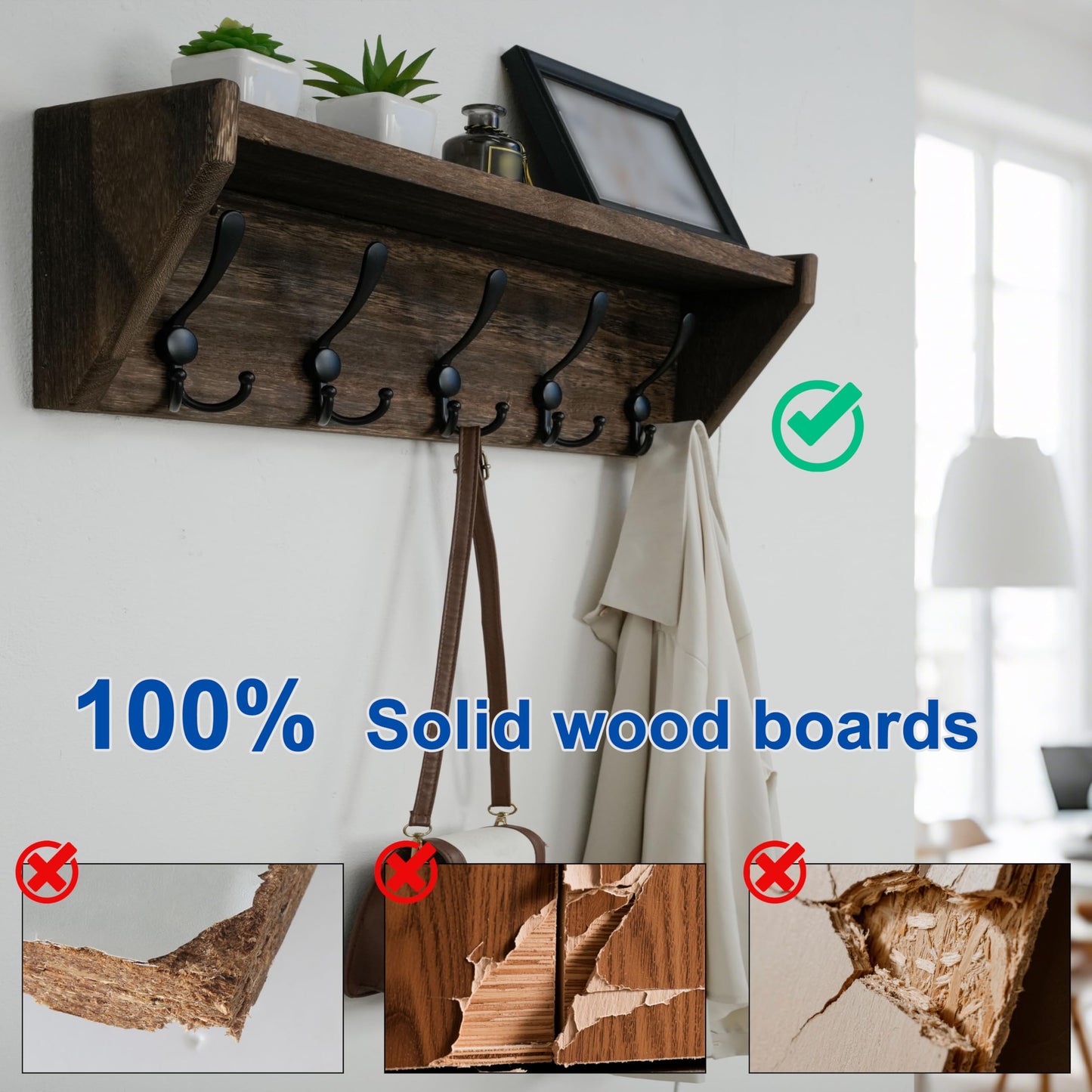 WEBI Coat Rack Wall Mount with Shelf,24" Long Wall Shelf with Hooks Underneath,5 Triple Hooks for Entryway,Hallway,Bedroom,Weathered Brown