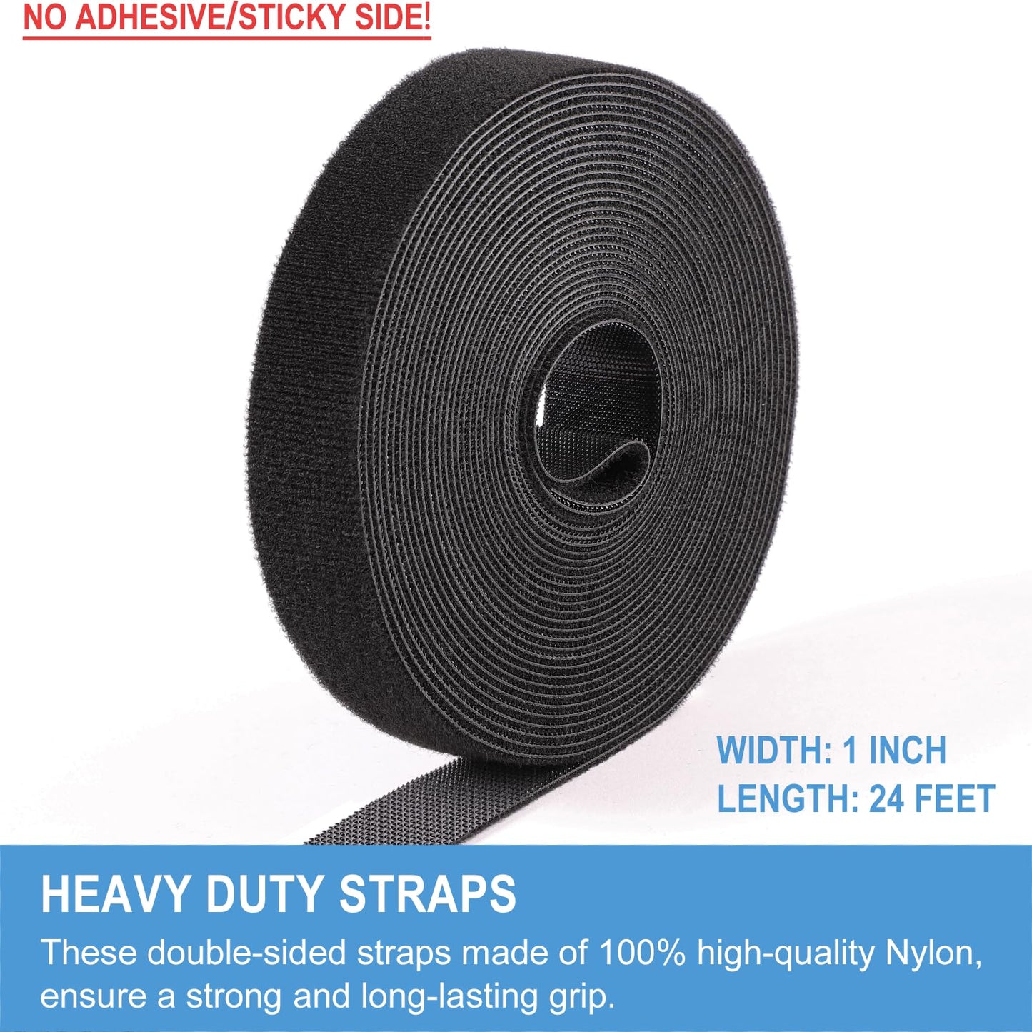 1in x 24ft | Hook and Loop Straps Heavy Duty | Double Sided Self-Gripping Strips | Reusable Multi-Purpose Wrap Roll for Home, Office, Data Center, and More