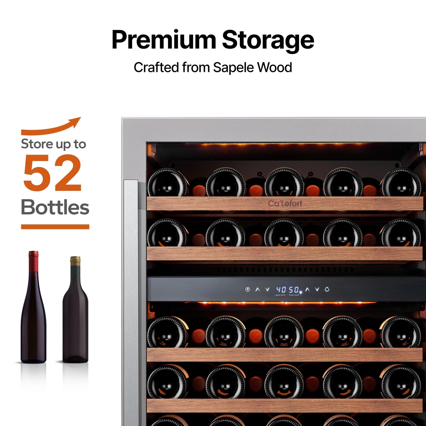 Ca'Lefort Wine Fridge & Cooler - 24 Inch 52 Bottle Wine Cooler Refrigerator, 40-65°F Dual Zone Wine Refrigerator Glass Door, 3 LED Built-in or Freestanding Fridge for Home/Bar/Kitchen (5.65 cu.ft)