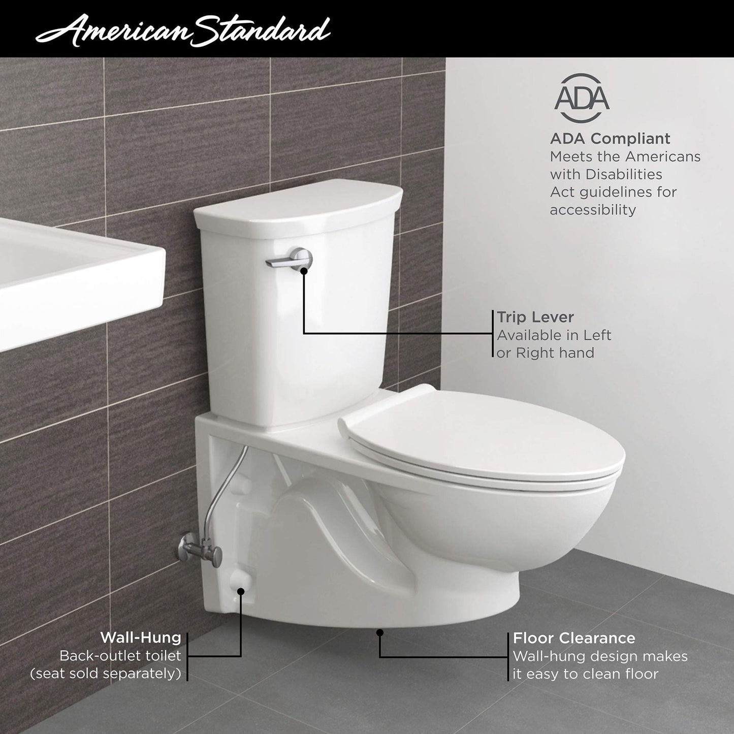American Standard 2882107.020 Glenwall VorMax Wall-Hung Elongated Toilet with Left Hand Trip Lever, 1.28 gpf, White