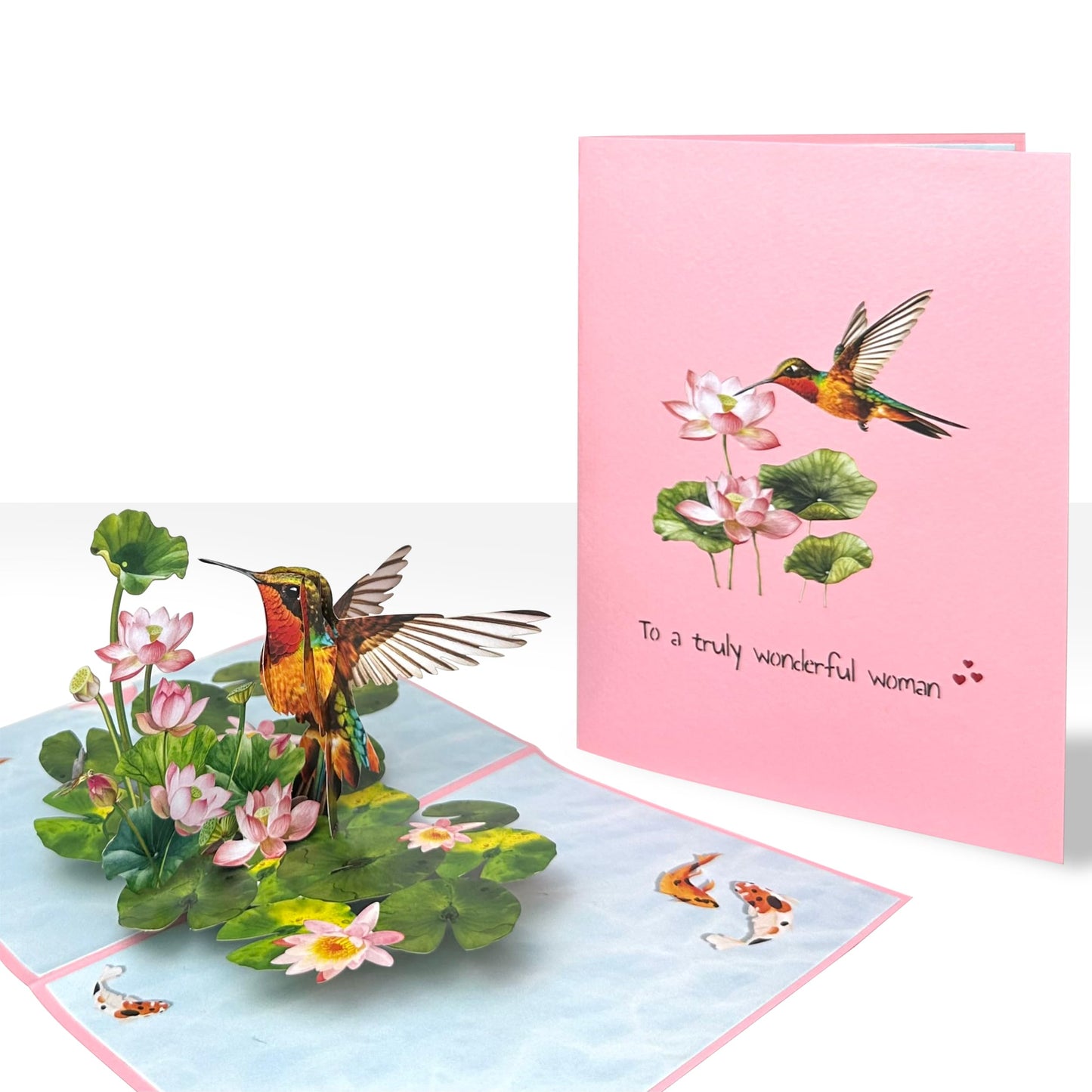 Pop Up Birthday Cards for Women, Hummingbird 3D Birthday Card, Beautiful Hummingbird and Lotus with Koi Fish Design, Pop Up Cards All Occasion for Mother, Mom, Her, Granmother and Daughter, Mothers Day Card