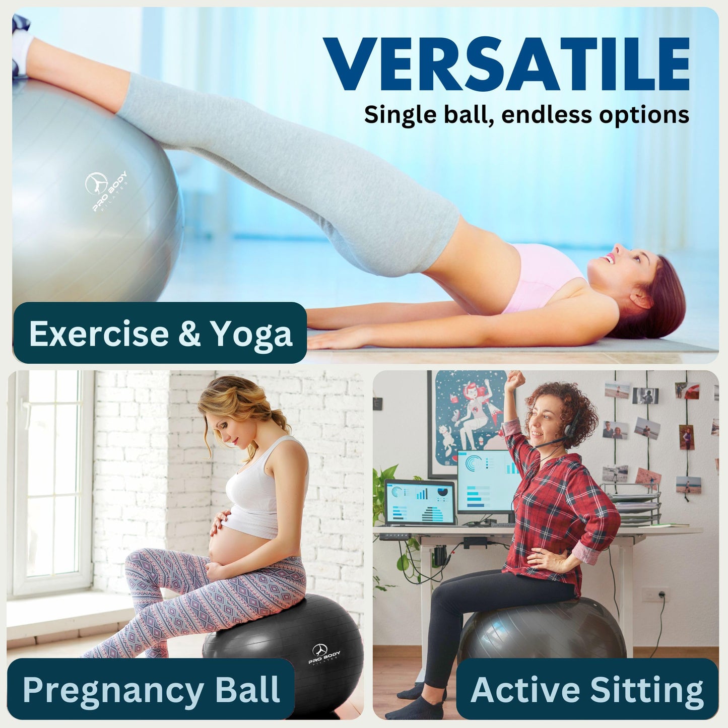 ProBody Pilates Yoga Ball Chair, Exercise Ball Chair with Base or Stand for Home Office Desk Sitting or Workout, Balance Ball & Stability Ball Seat for Back, abs (Aqua, 23-26 inches/58-65 cm)