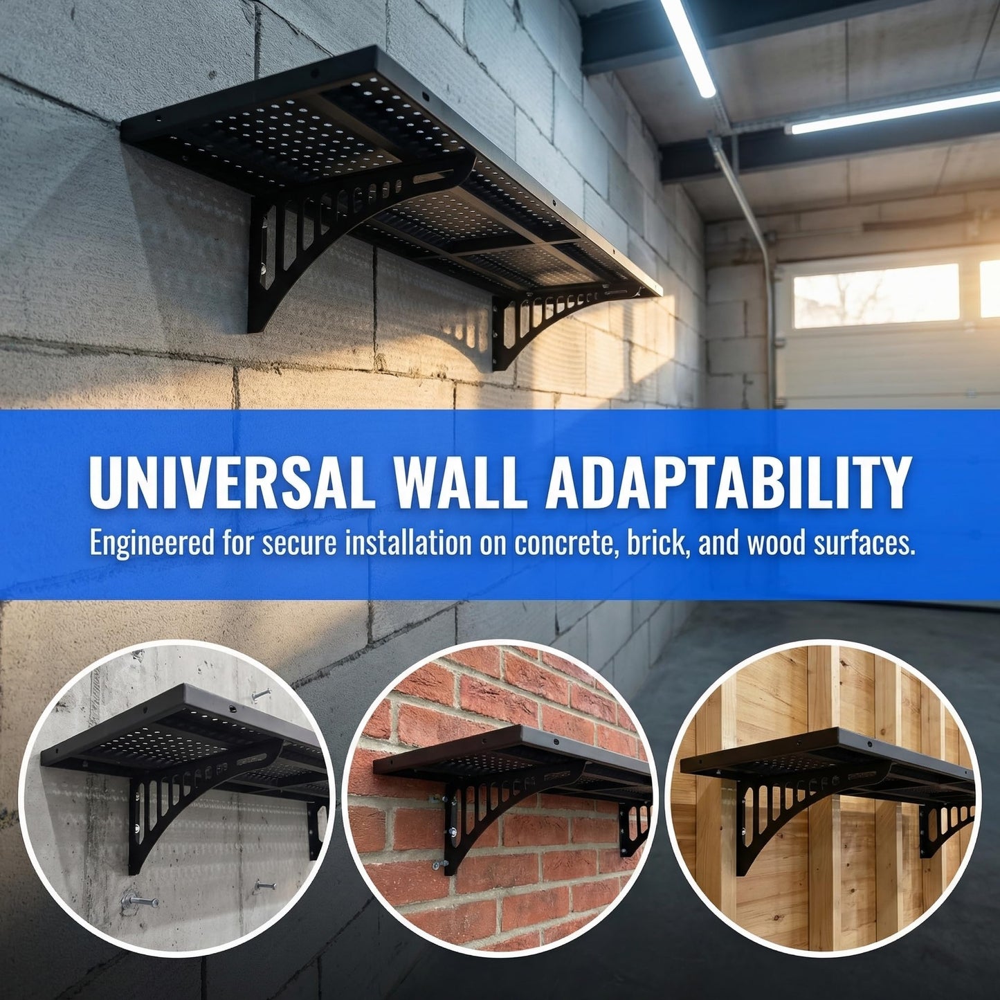 bebeikim 4 Pack Garage Wall Shelving Heavy Duty - 1.4 x 4 Foot Wall Mounted Storage Shelves with Built-in Hooks, Floating Shelves for Garage Organization, Tool Storage Rack, Black Metal Shelving