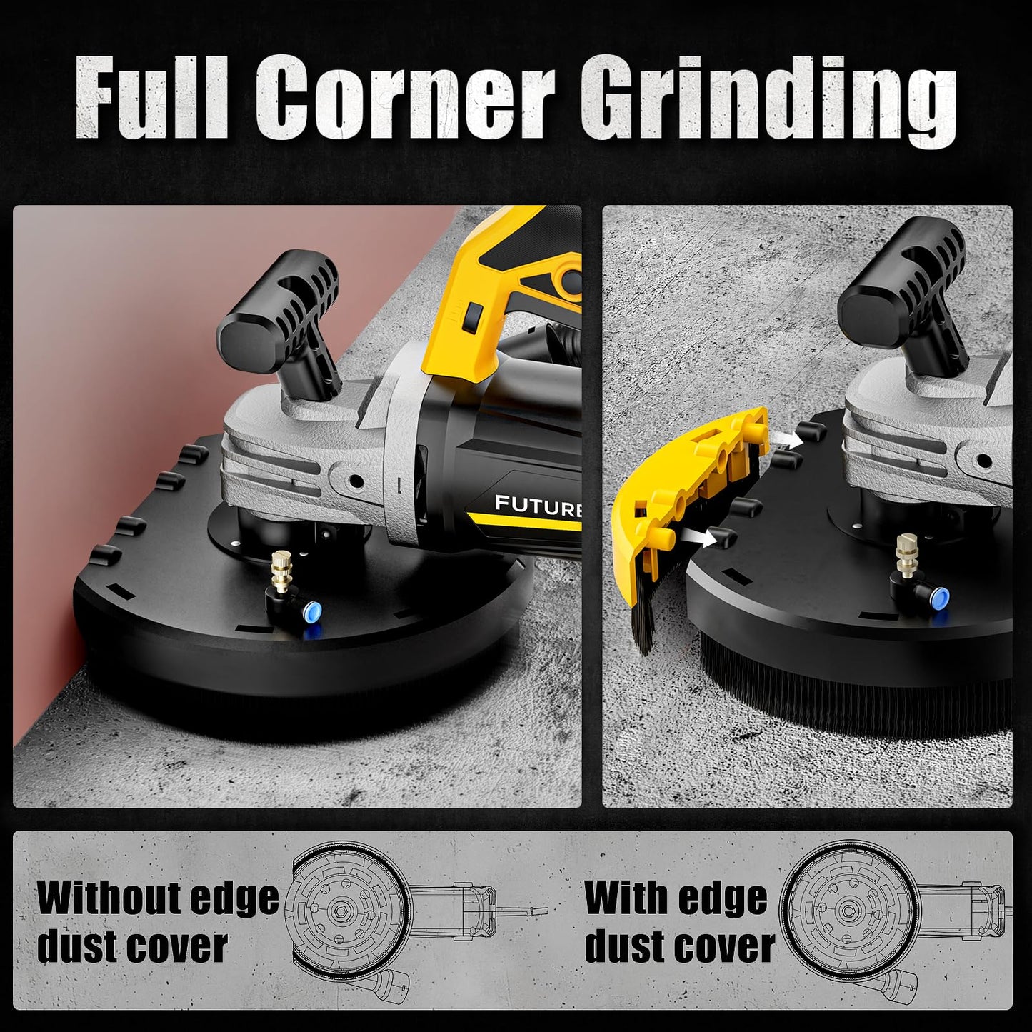 FUTURELAB® 7” 7-Inch Concrete Surface Grinder，Angle Grinder Kit with Dust Shroud, floor grinder, 2200W Motor,Auxiliary Handle, Diamond Wheel, 90° Seamless sanding for Floor, Wall, Adhesive and Ceiling