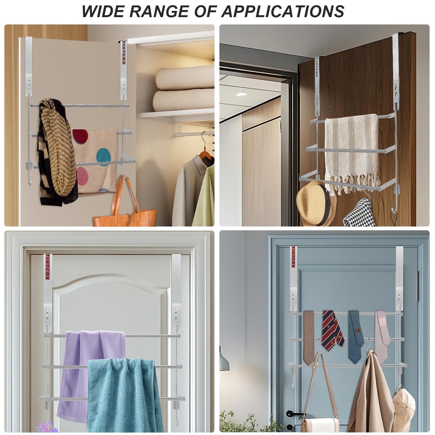 TIUTCOX Over The Door Towel Rack, 304 Stainless Steel Towel Racks for Bathroom with 3-Tier Adjustable Pole, 2 Punch-Free Screw Stickers, 22.83 * 17.71-29.52 * 6.14 Inch, Silver