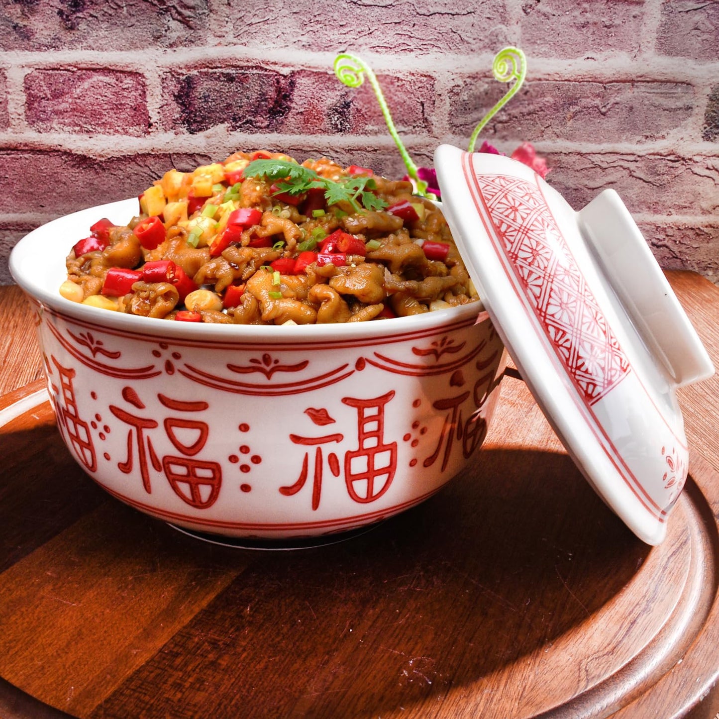 BOSILI Ceramic Ramen Bowl with Lid, 6.4 Inch 26 oz Red and White Porcelain Ramen Bowl with Chinese Fu Character Pattern, Traditional Asian Serving Bowl for Soup, Rice, Noodles