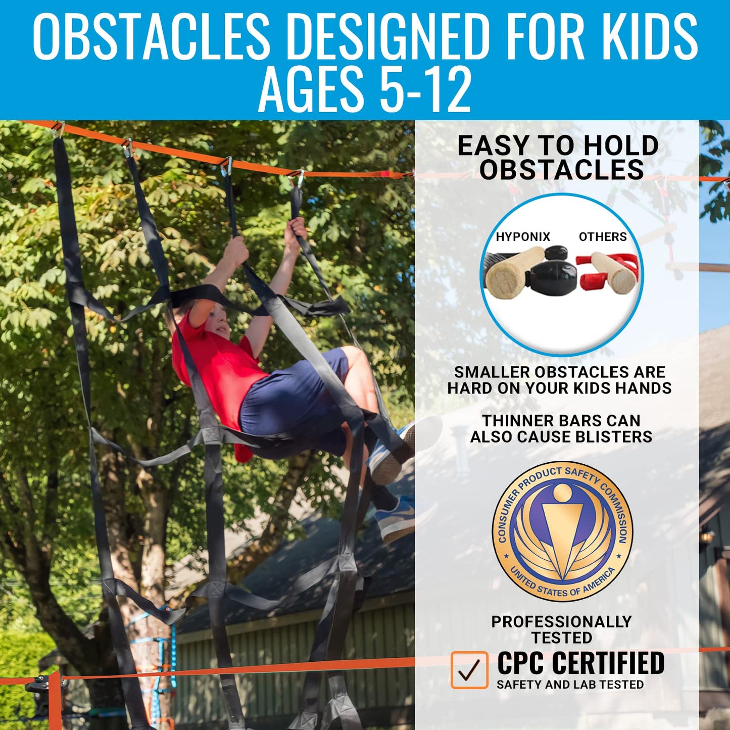 Hyponix Ninja Warrior Obstacle Course for Kids – 2 x 50 ft Slackline with 10 Outdoor Ninja Obstacles, Supports 880lbs – Monkey Net, Ratchet-Tight Tech, Climbing, Swinging & Balance Training, Ages 3+
