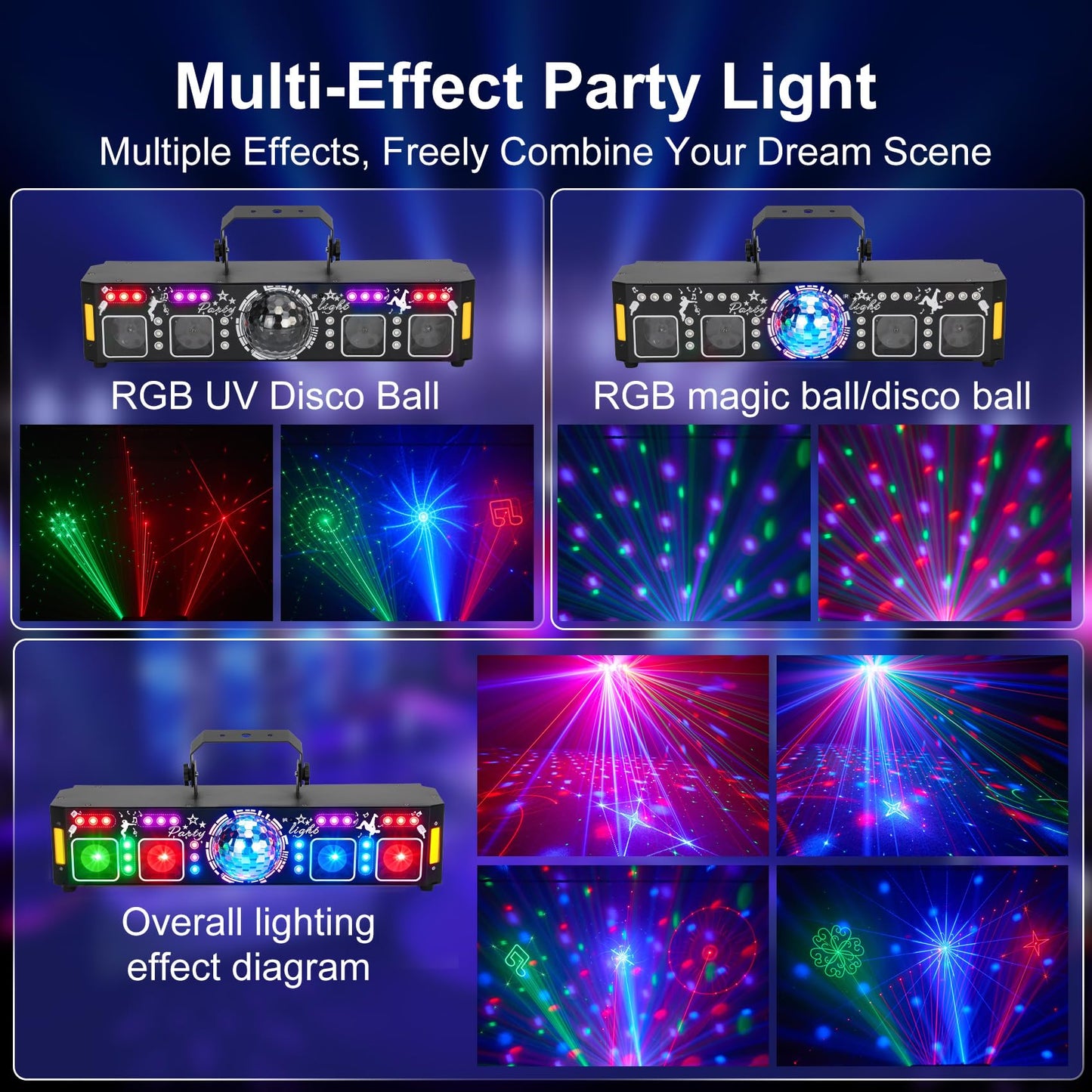 6-in-1 DJ Party Lights, DMX512 & Music Sync Stage Light, Multi-Effect Disco Ball Light with RGB Pattern, UV Black Light & Golden Strobe, Indoor LED Lighting for KTV, Bar, Club and Daily Gathering