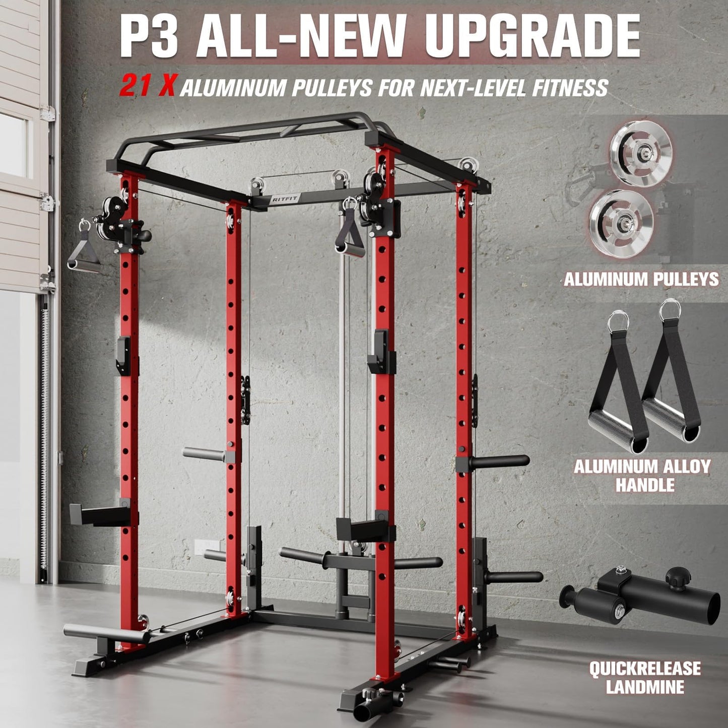 RitFit Squat Rack Power Cage Home Gym Package, Includes 1200LBS Power Rack with Cable Crossover System, Weight Bench, Weight Plate Set with Olympic Barbell (Package 1.7K (Pink Plate 260LBS))