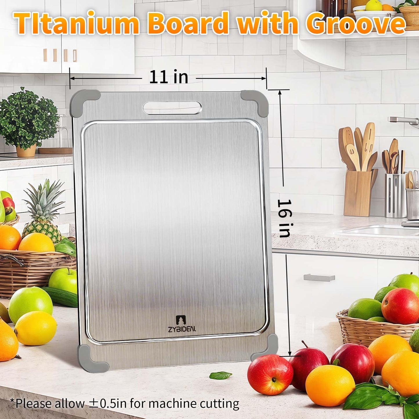 ZYBIDEAL 100% Pure Titanium Cutting Board with Grooves, Update Double Side Titanium Chopping Board, Silicone Anti-slip Stainless Cutting Boards for Kitchen 11 * 15 IN, Grey