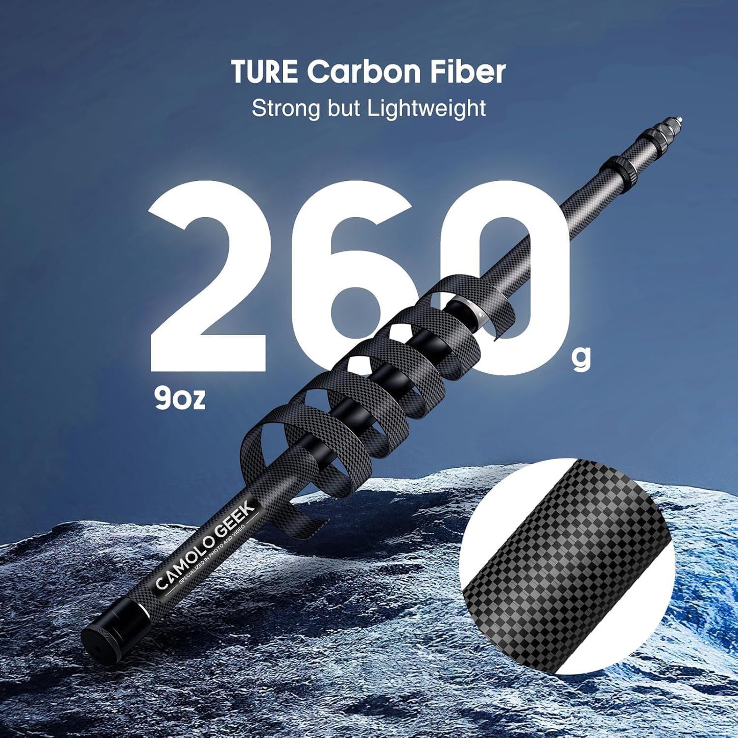 CAMOLO GEEK 118"/3.0m 9.8ft Insta360 X5 X4 X3 X2, 3S 3 2 360 (17 118") Invisible Selfie Stick Carbon Fiber, Extended