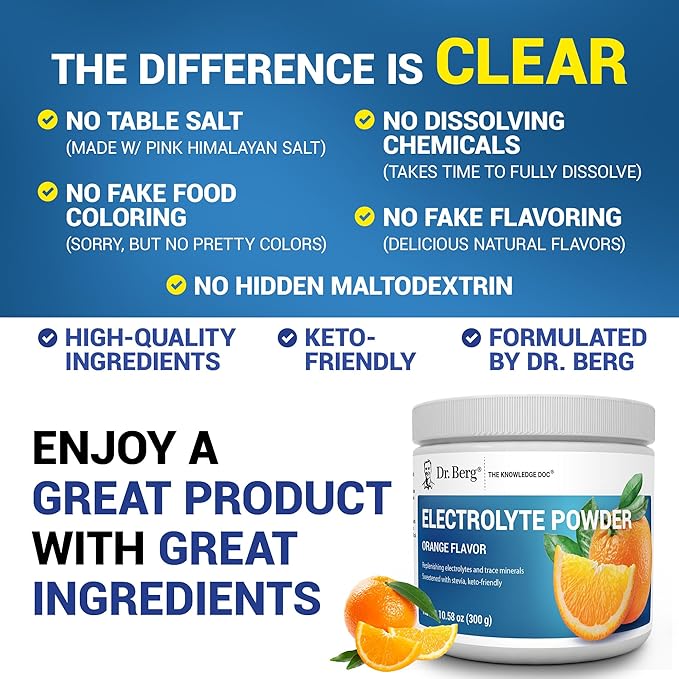 Dr. Berg Zero Sugar Hydration Keto Electrolyte Powder - Enhanced w/ 1000 mg of Potassium & Real Pink Himalayan Salt (NOT Table Salt) - Orange Flavor Hydration Drink Mix Supplement - 50 Servings