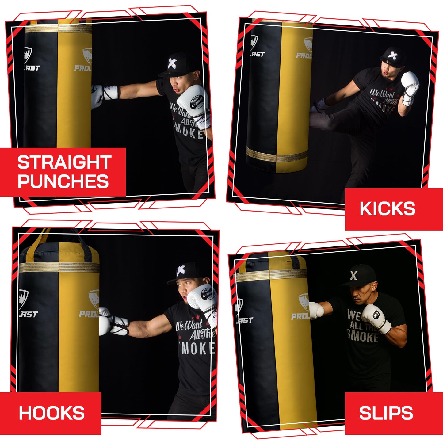 PROLAST 4Ft XL 135Lb Heavy Punching Kicking Bag for Adults, Boxing, MMA, Martial Arts, Muay Thai, Strength Training Equipment, Filled, Rhino Logo, Black and Yellow with Gold Trim