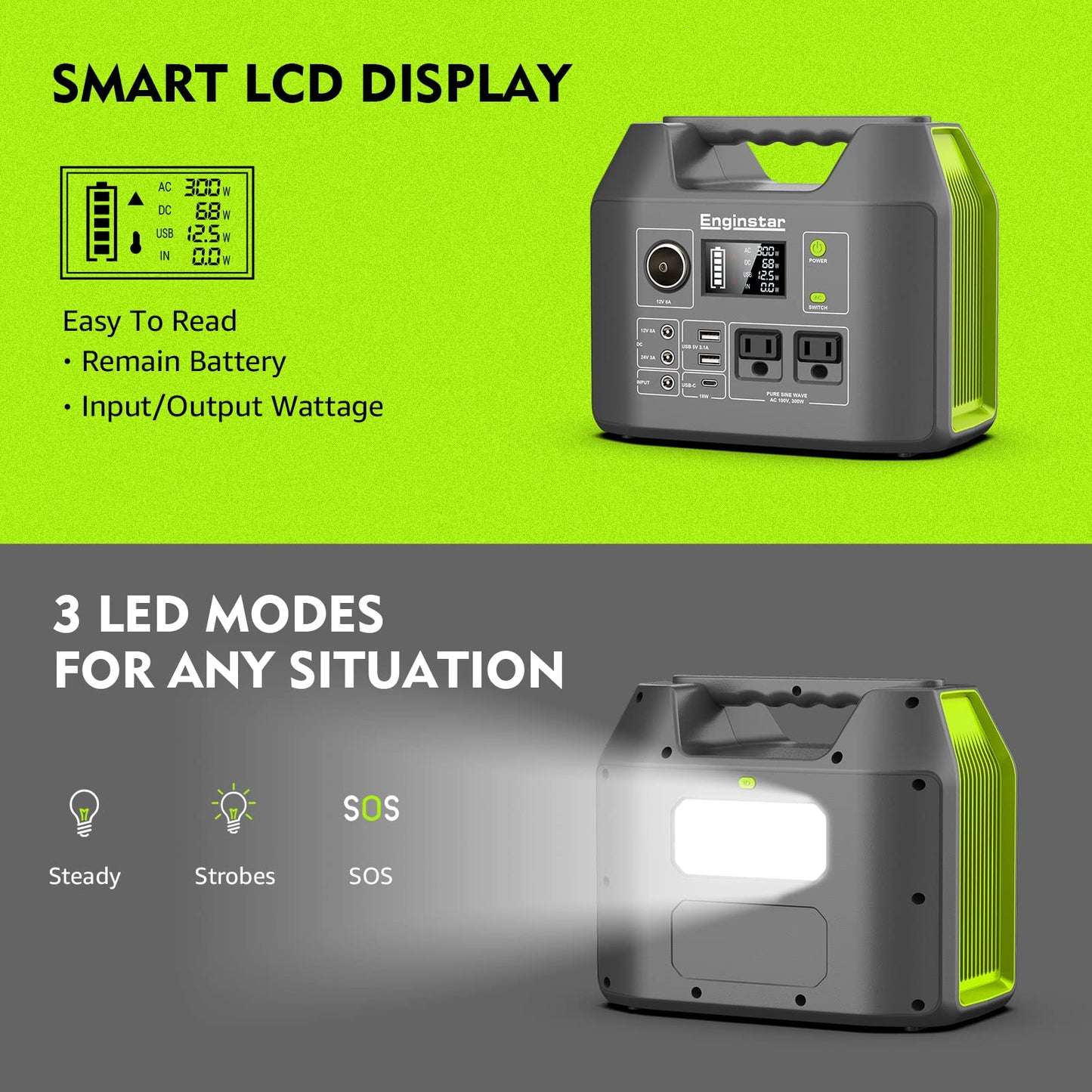 EnginStar Solar Generator, 300W Portable Power Station, 296Wh Lithium Battery Backup w/Two 110V Pure Sine Wave AC Outlet for Camping Road Trip RV, 80000mAh Sufficient Power Supply for Blackout