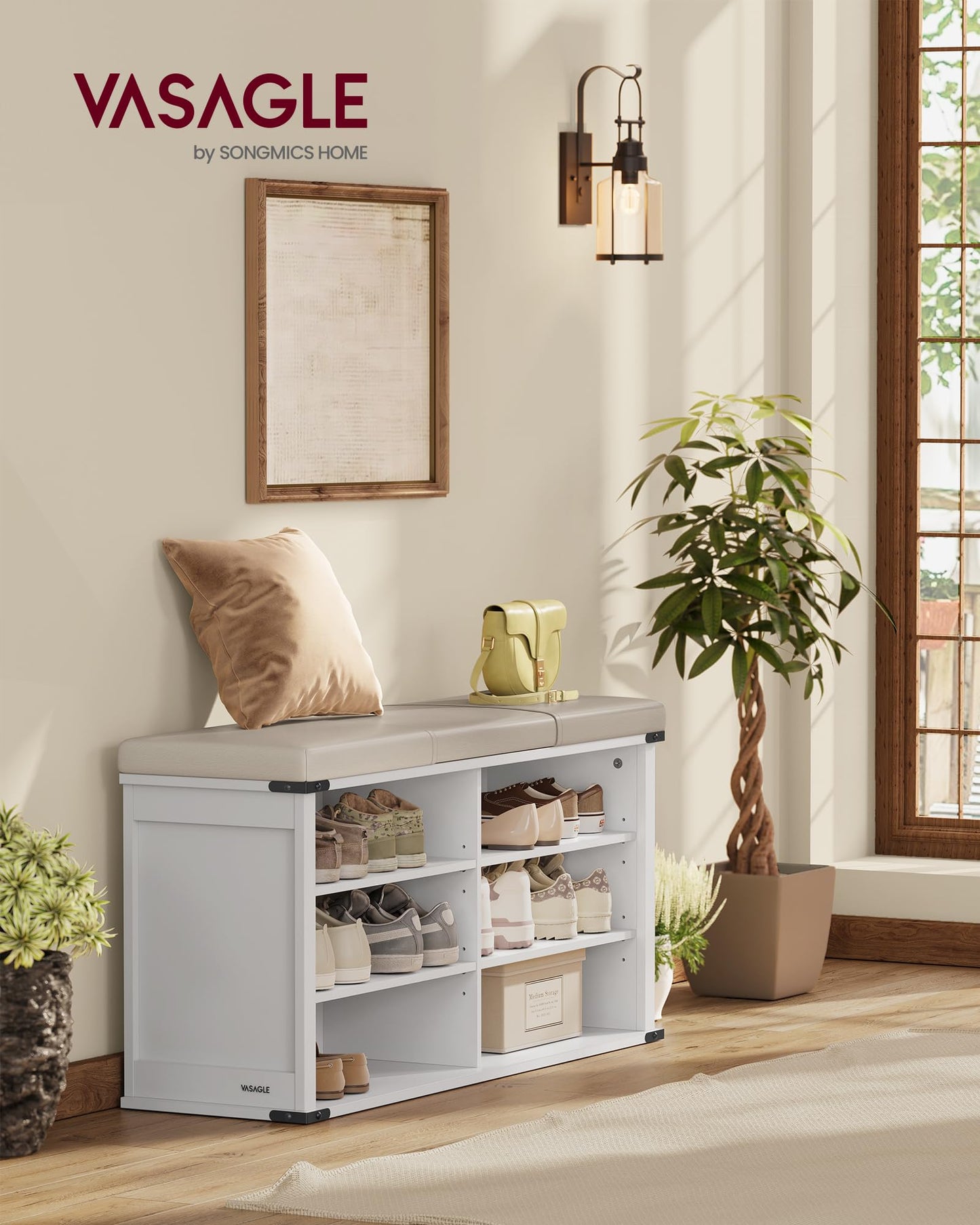 VASAGLE Shoe Storage Bench with Removable Cushion, Shoe Rack with Padded Seat, Entryway Bench with 6 Open Compartmens, Adjustable Shelves, for Hallway, Bedroom, Cloud White ULSB105W01