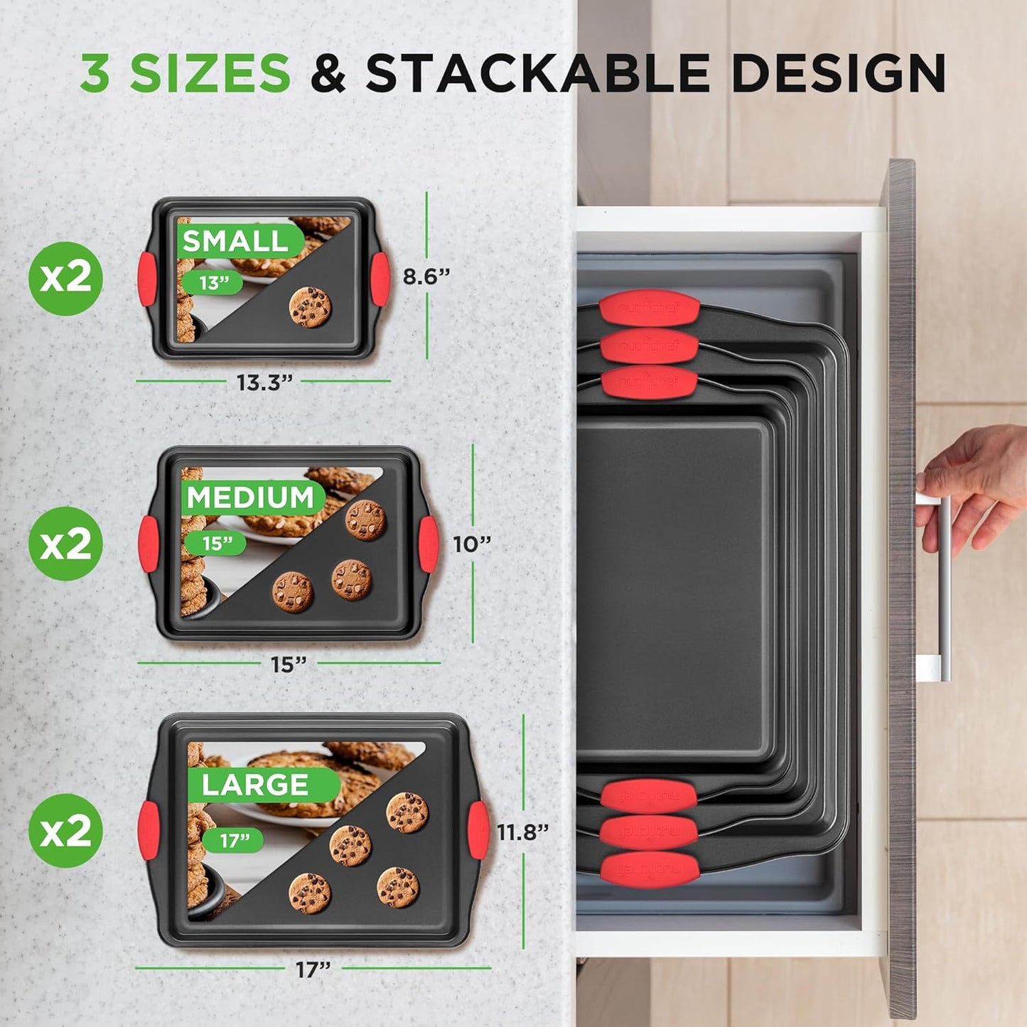 NutriChef Nonstick Baking Pans Set - Premium Carbon Steel Cookie Sheets with Red Silicone Handles | Oven Safe, Dishwasher Safe (6 Pack)