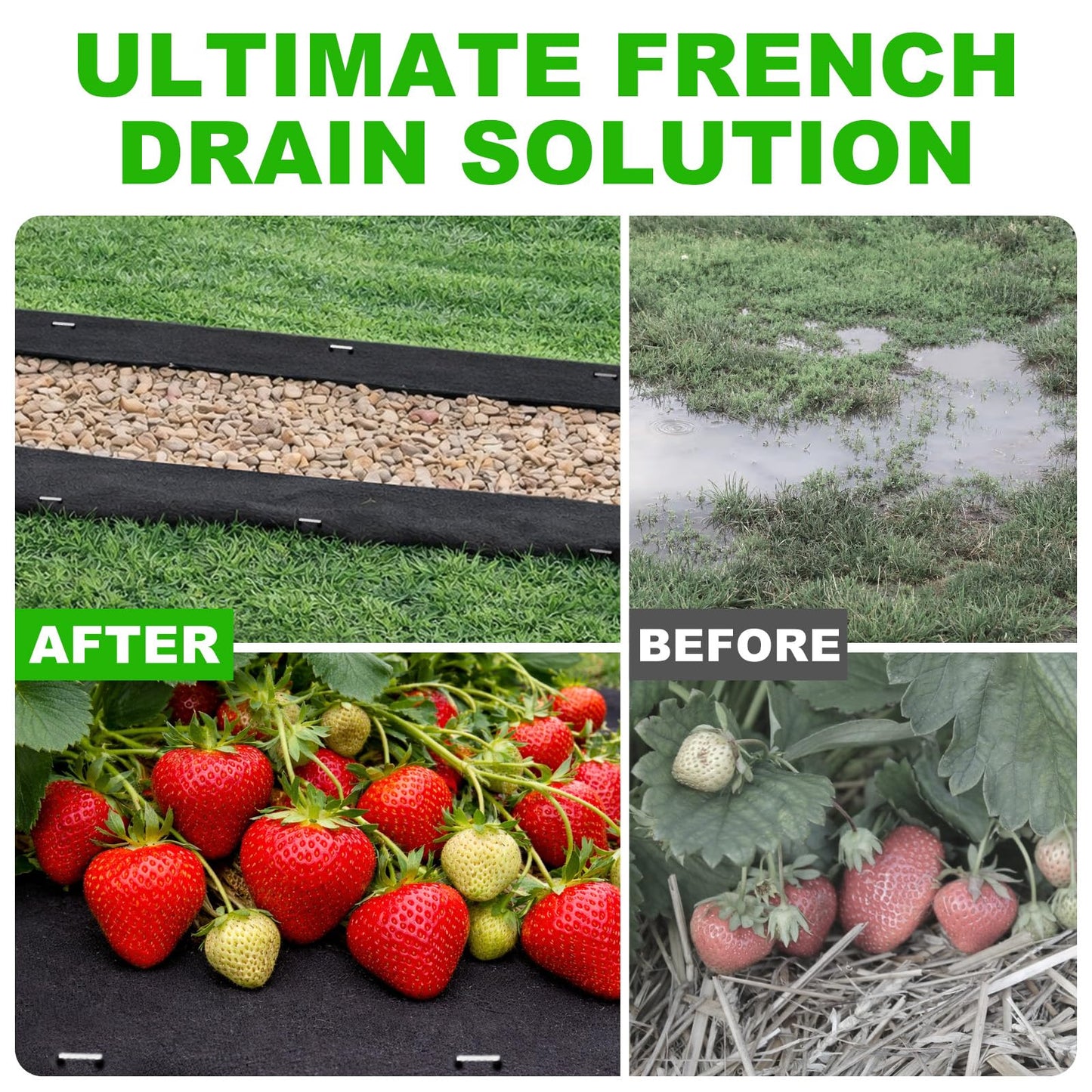 9oz Non Woven Geotextile Fabric for French Drains, 3x60FT High Permeability Drainage Fabric with Stakes Heavy Duty Landscape Fabric for Gravel Grid, Garden, Flower Beds, Weed Control, Erosion Control