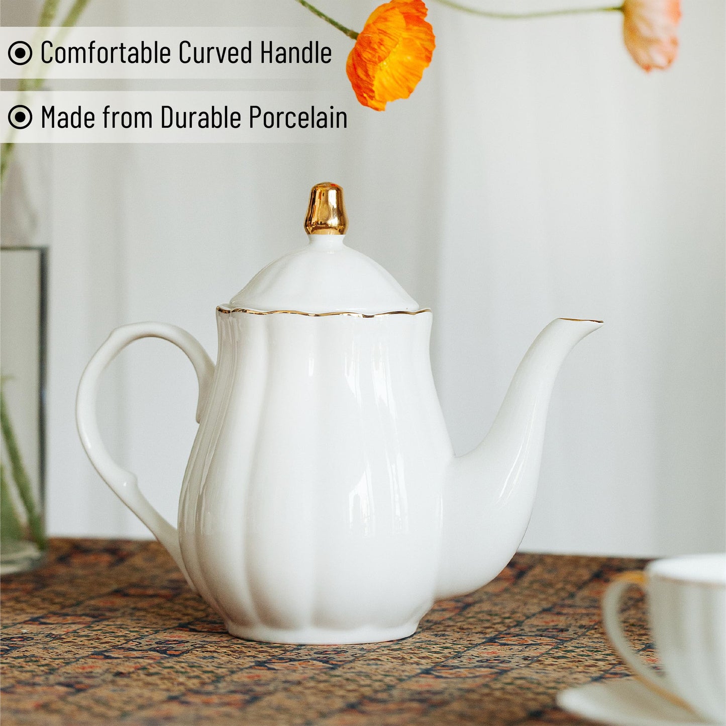 BTaT- Porcelain Tea Pot with Stainless Steel Infuser, 32 oz, White, Tea Pot with Gold Trim, Teapot with Infuser, Porcelain Teapot, Tea Brewing Pot, Teapots for Loose Tea