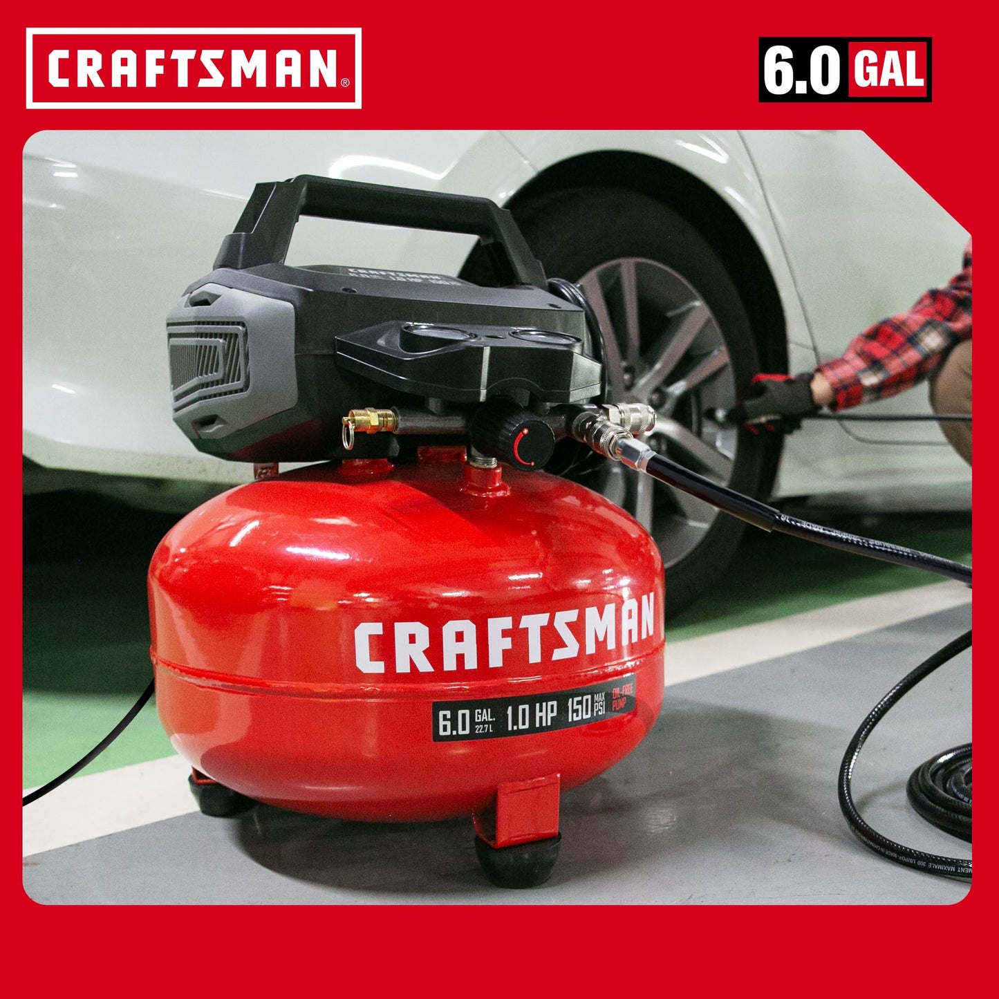CRAFTSMAN 6 Gallon Pancake Air Compressor with 18GA Brad Nailer, Portable Oil-Free, 150 PSI, 2.6 SCFM @ 90 PSI, 10-Piece Accessory Kit, Model CMXECXA0210641D