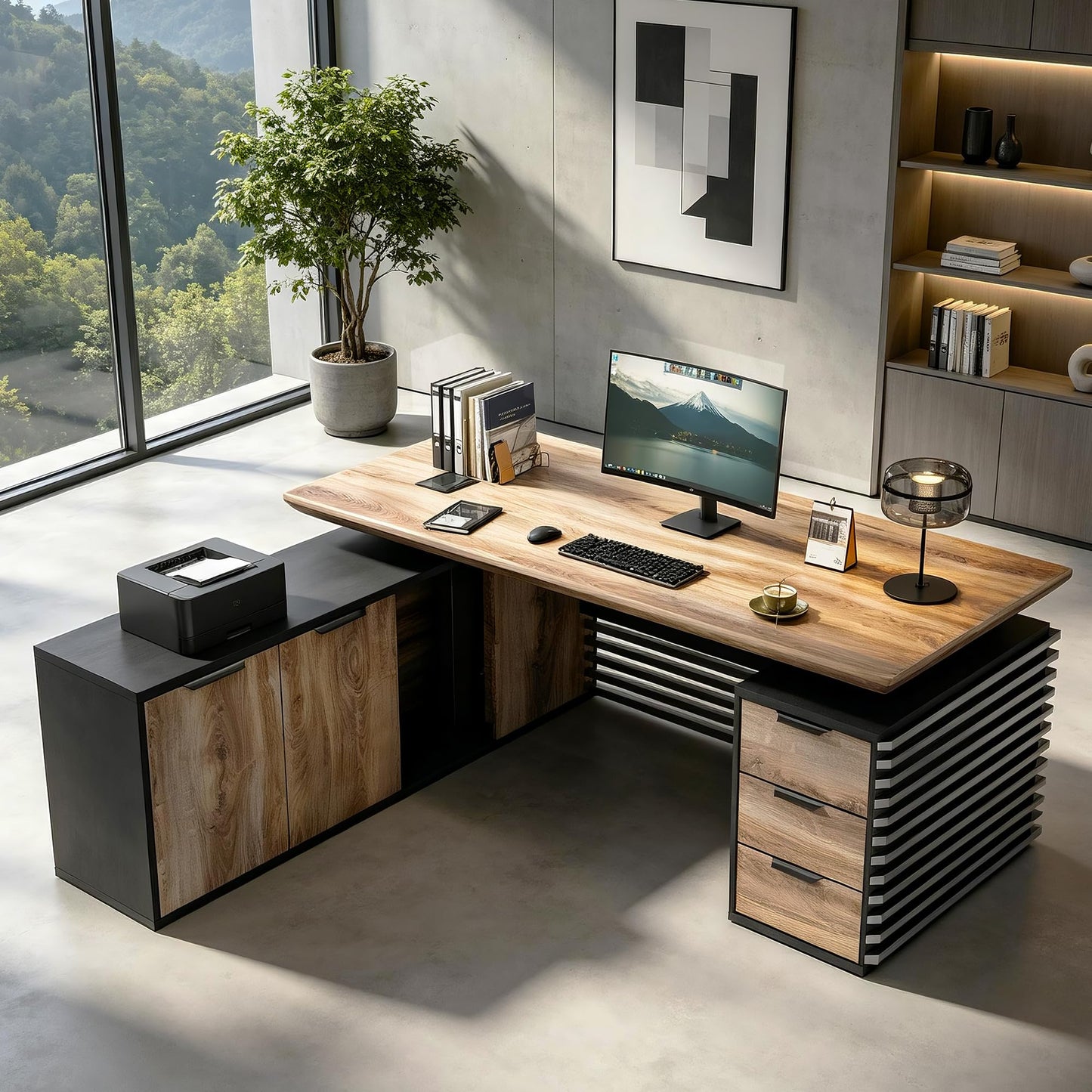 SAINTCY 70.87In L Shaped Executive Standing Desk with Drawers, Large Modern Adjustable Heigh Home Office Desk w/File Cabinet, AC/USB, Business Workstation, Black and Warm Oak