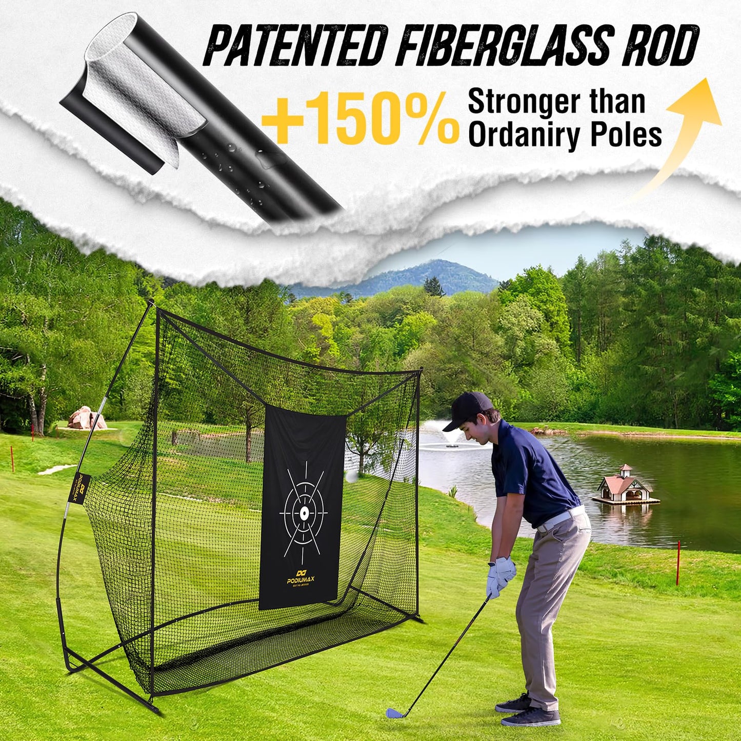 PodiuMax Golf Net, 10x7ft Golf Practice Net with Noise Reduce Silk Target Driving Real Balls, Hitting Nets for Backyard Garage, Improve Chipping Putting Pitching,Gift for Men & Golfers