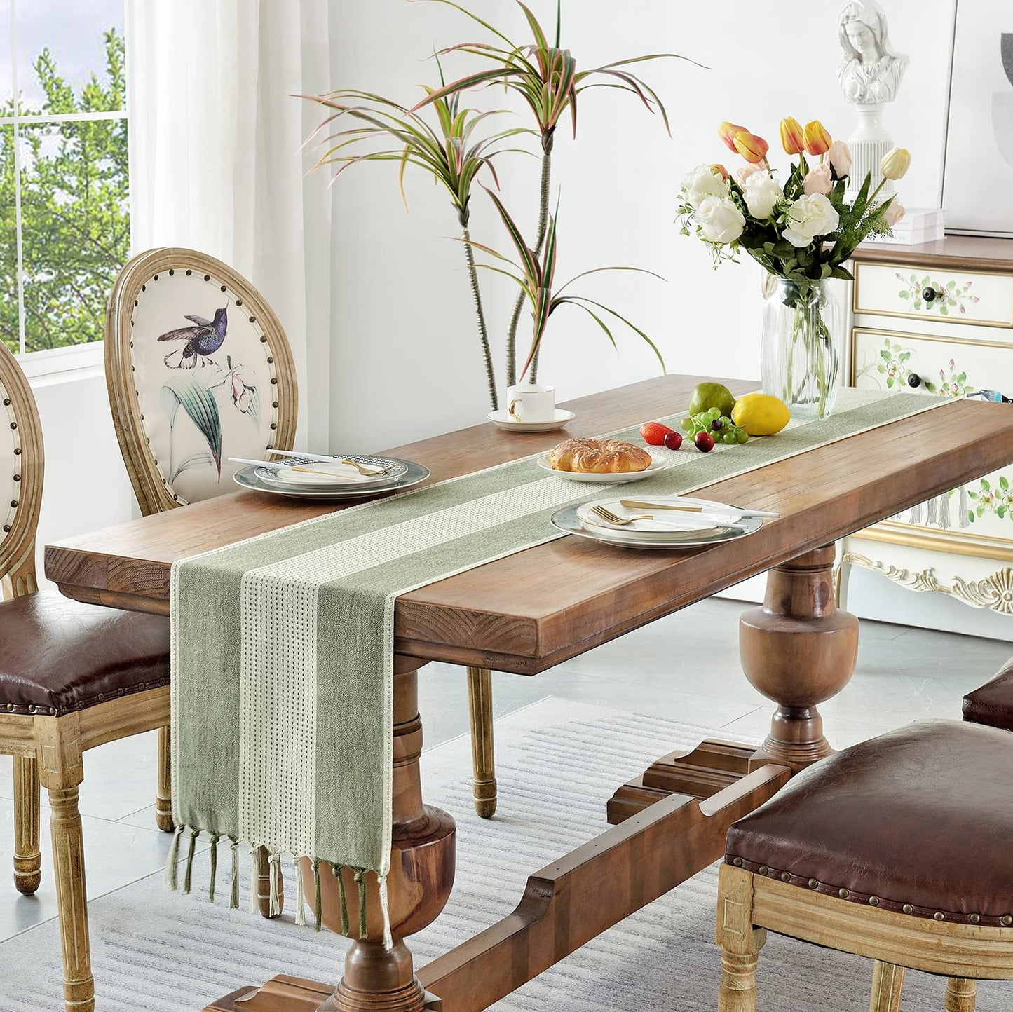 Wracra Linen Table Runner, Farmhouse Macrame Table Runners 108 Inches Long for Dining Table Decor, Wedding, Party and Dresser Decor (Sage Green,108")