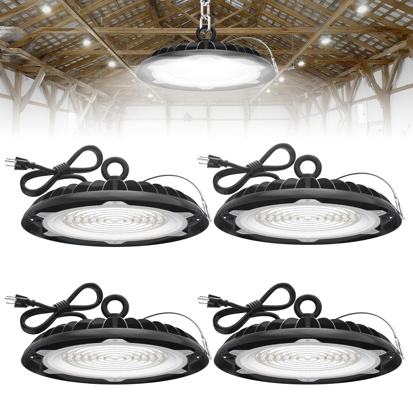 HYPERLITE High Bay LED Lights: 4-Pack 200W UFO LED Light with Plug & Play Plug - 5000K IP65 Waterproof Shatterproof Lighting Fixture