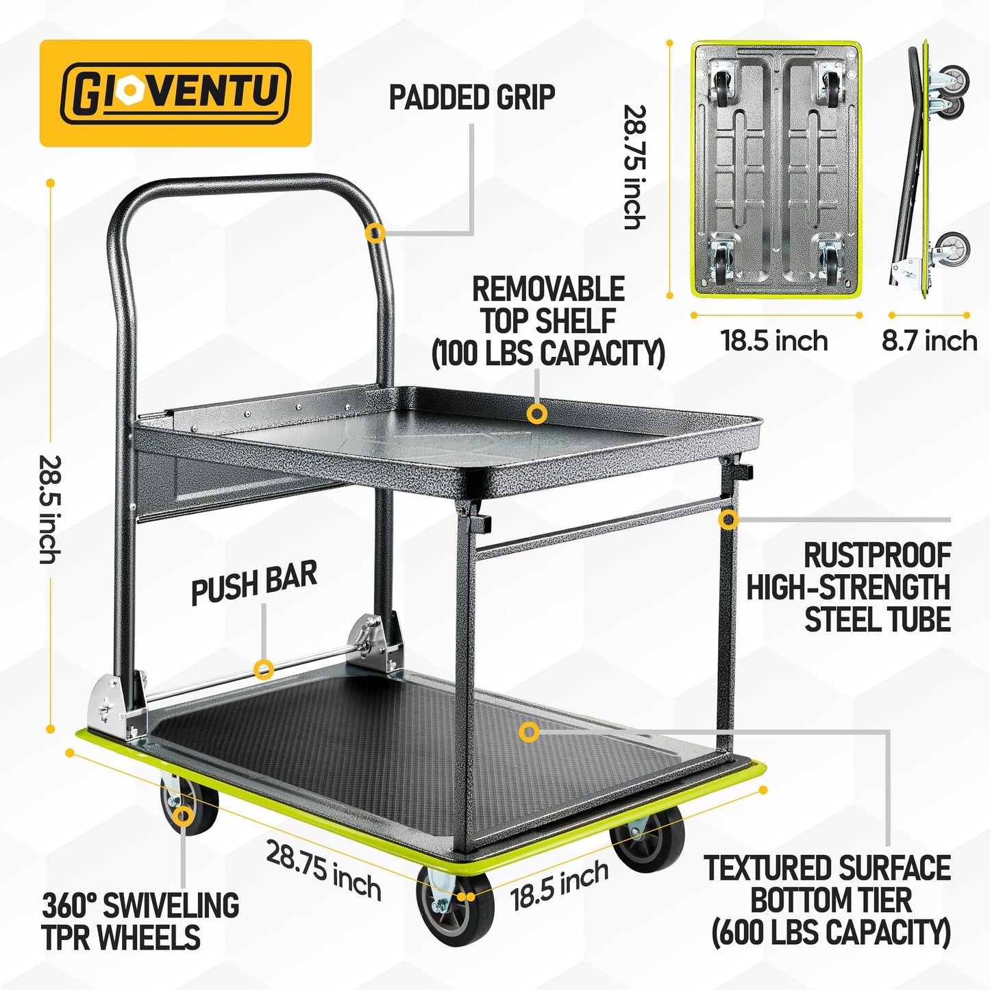 Heavy Duty Push Cart Dolly (700 lbs), Foldable Platform Hand Truck Made with High-Strength Steel, 2 Tier Design, Moving Flatbed Cart with Wheels for Warehouse, Garage, Workshop, Office