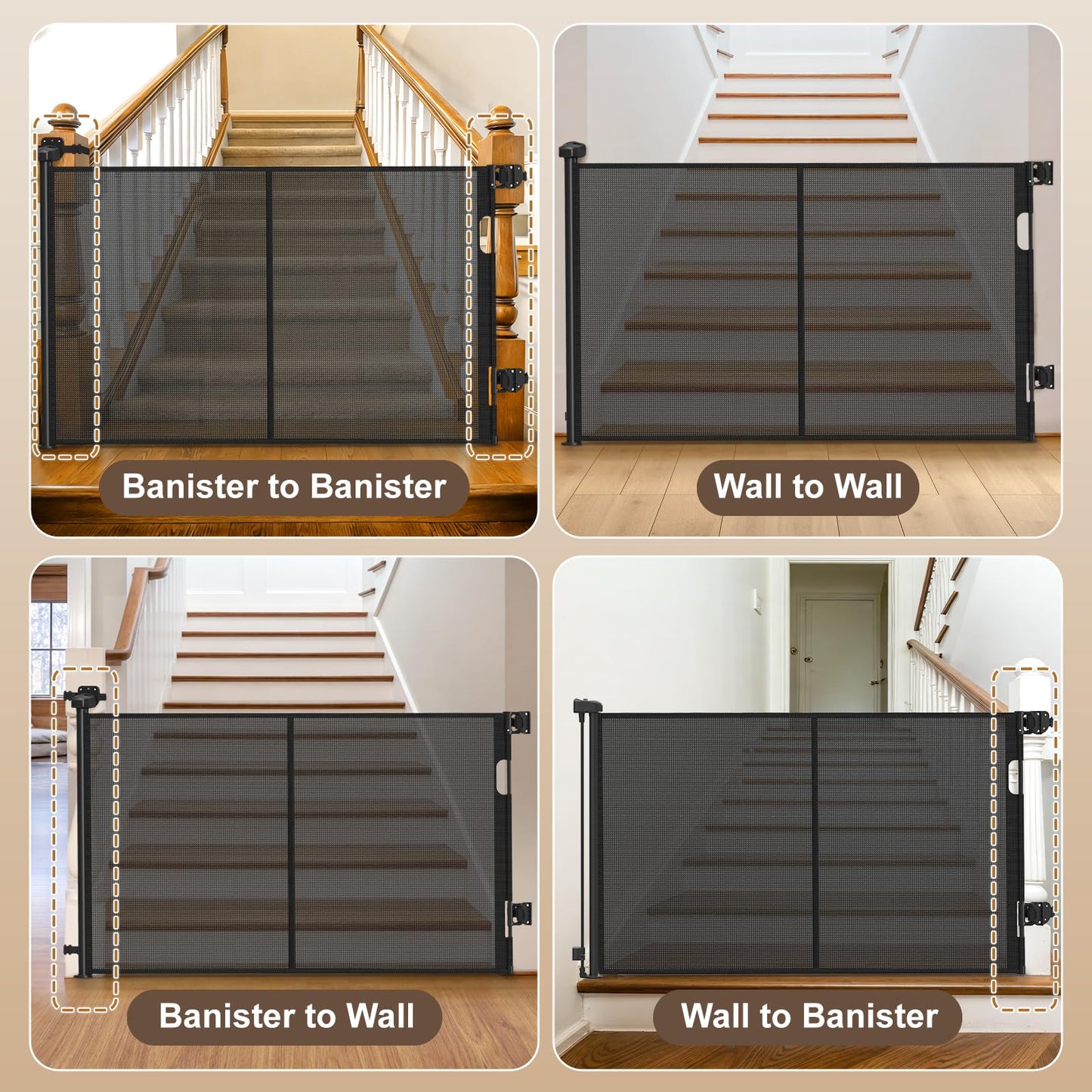 Upgraded Retractable Baby Gates for Stairs & Banister, Mesh Dog Gate Indoor, Extends to 55" Wide 33" Tall, Child Safety Gate for Stairway, Banister & Wall Mount (Black)