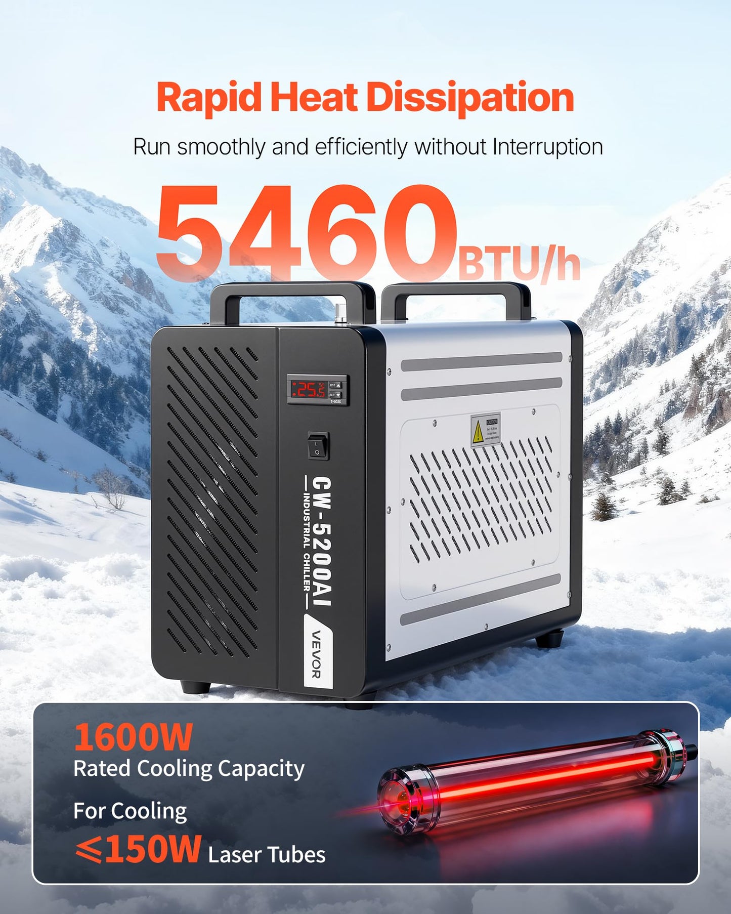 VEVOR Industrial Water Chiller, 5460 BTU/h, Industrial Water Cooler Cooling System with Compressor, 4.2 GPM Max Flow, 1.8  Gal Tank Capacity, Laser Chiller, for CO2 Laser Engraving & Cutting Machine